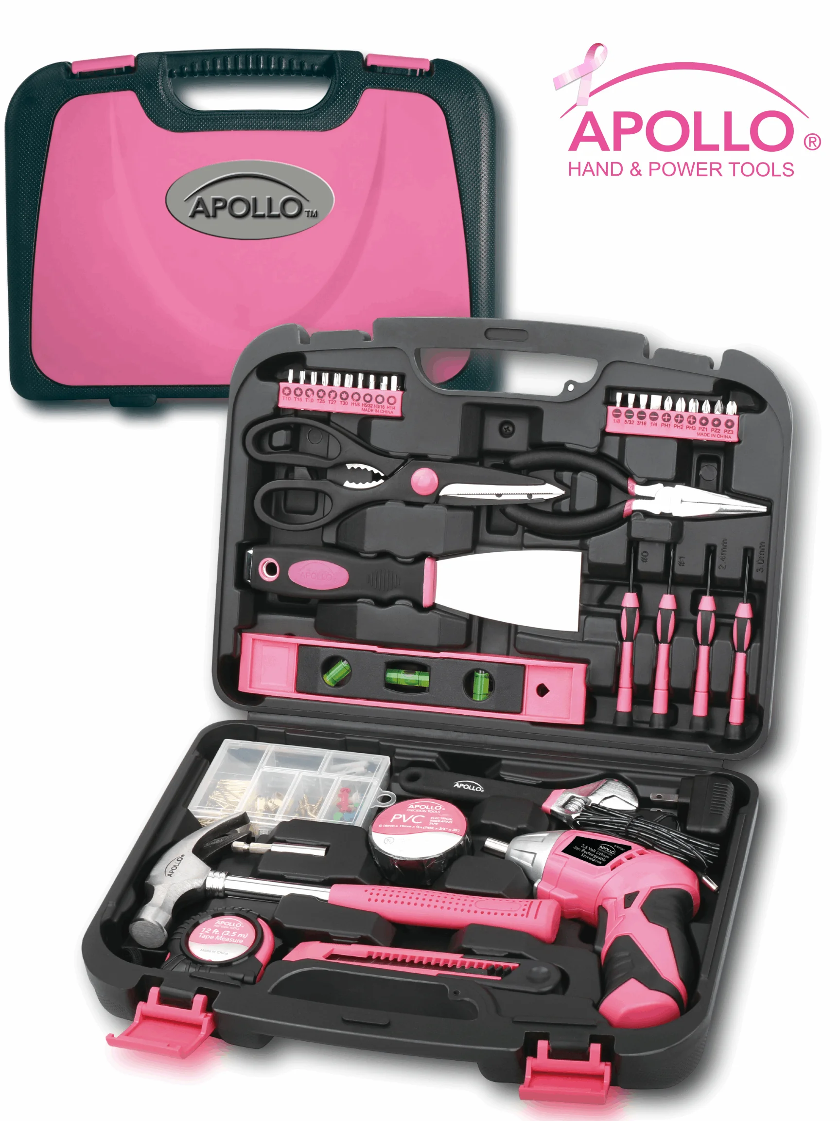 135 Piece Household Tool Kit Pink with Pivoting Dual-Angle 3.6 Volt Lithium-Ion Cordless Screwdriver - DT0773N1