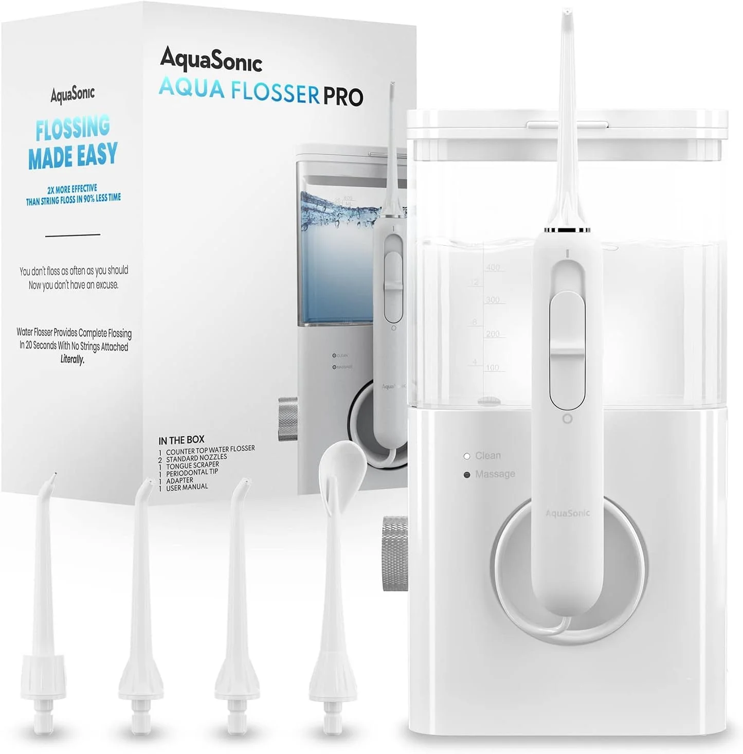 AquaSonic Aqua Water Flosser PRO Set - Professional Water Flosser with Large Reservoir - 4 Tips Included - Dentist Recommended