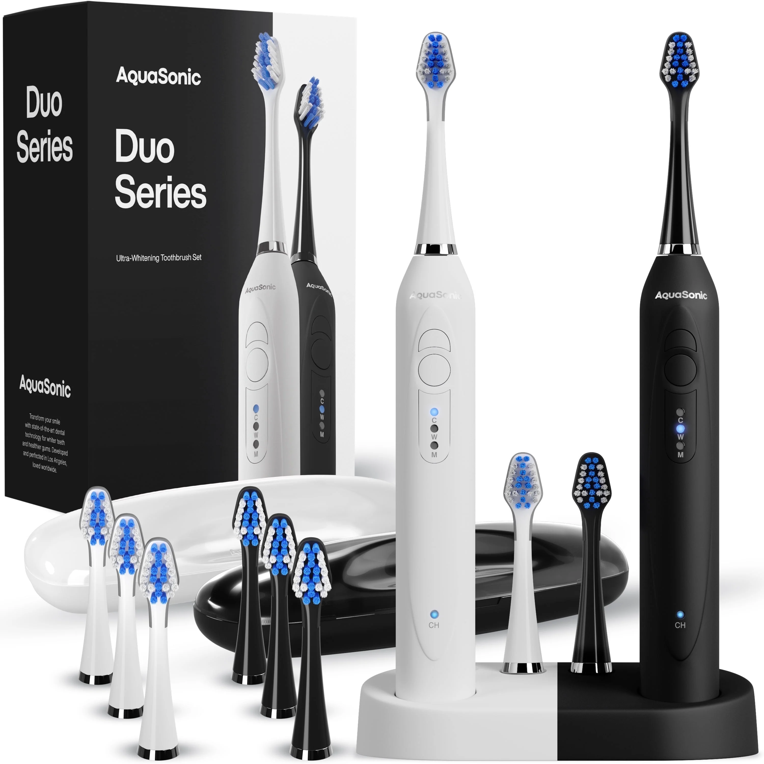 AquaSonic Duo Electric Toothbrush Set – Dual Handles, 40,000 VPM, Wireless Charging, 3 Modes, 10 DuPont Brush Heads & 2 Travel Cases