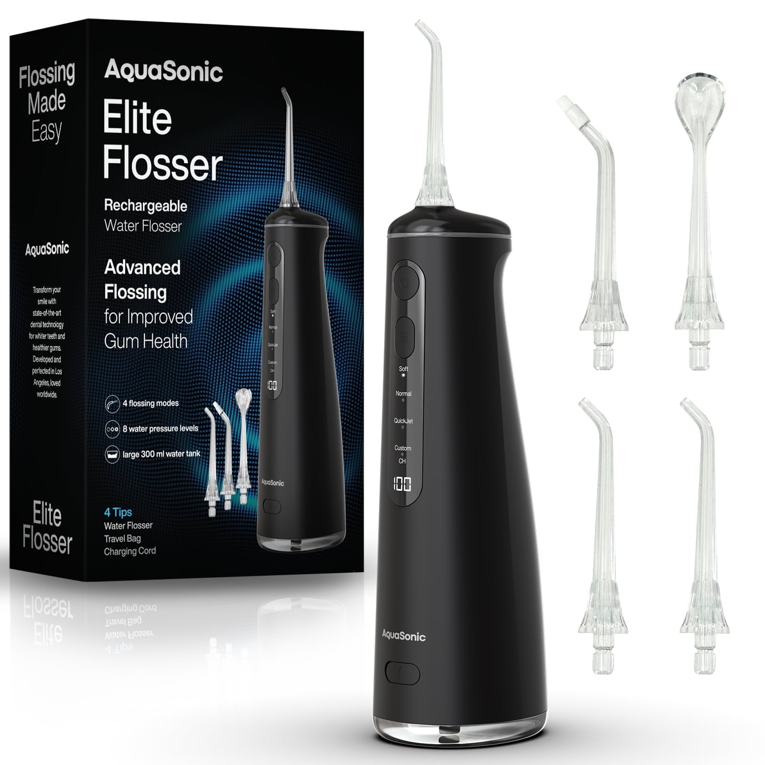 AquaSonic Elite Rechargeable Water Flosser - 300ml Tank, 4 Tips, Travel Bag, Waterproof - Black