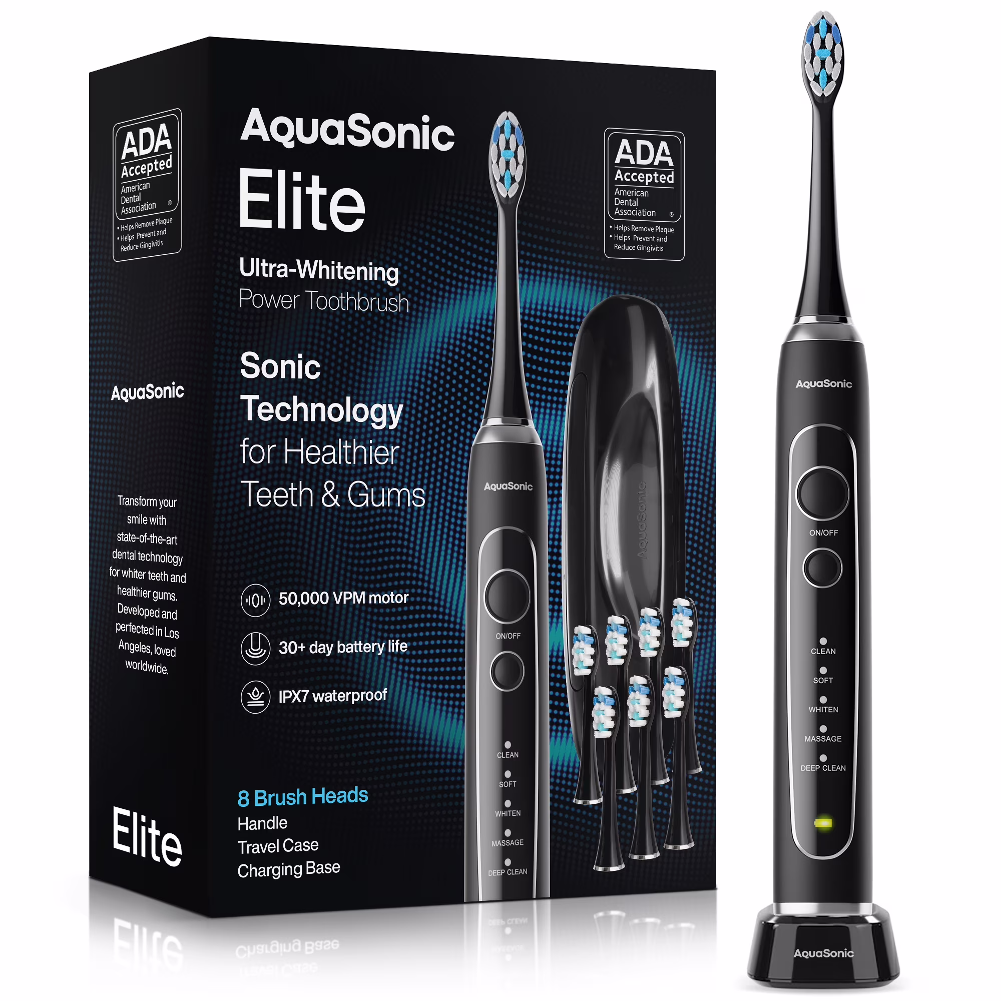 AquaSonic Elite Rechargeable Electric Toothbrush Set - ADA Accepted, 5 Modes, Travel Case, 8 Brush Heads (Black)
