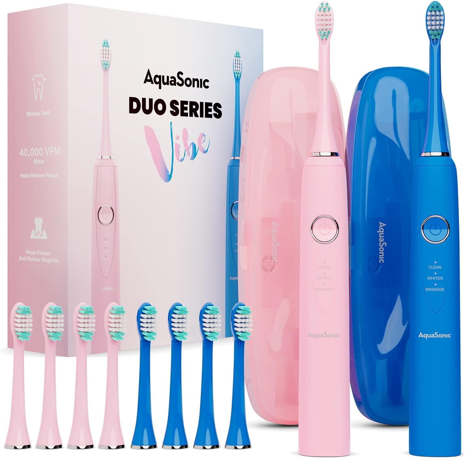 AquaSonic Vibe Duo Electric Toothbrush- Set of 2, 3 Modes, Smart Timer, 10 Brush Heads, 2 Travel Cases (Pink/Blue)