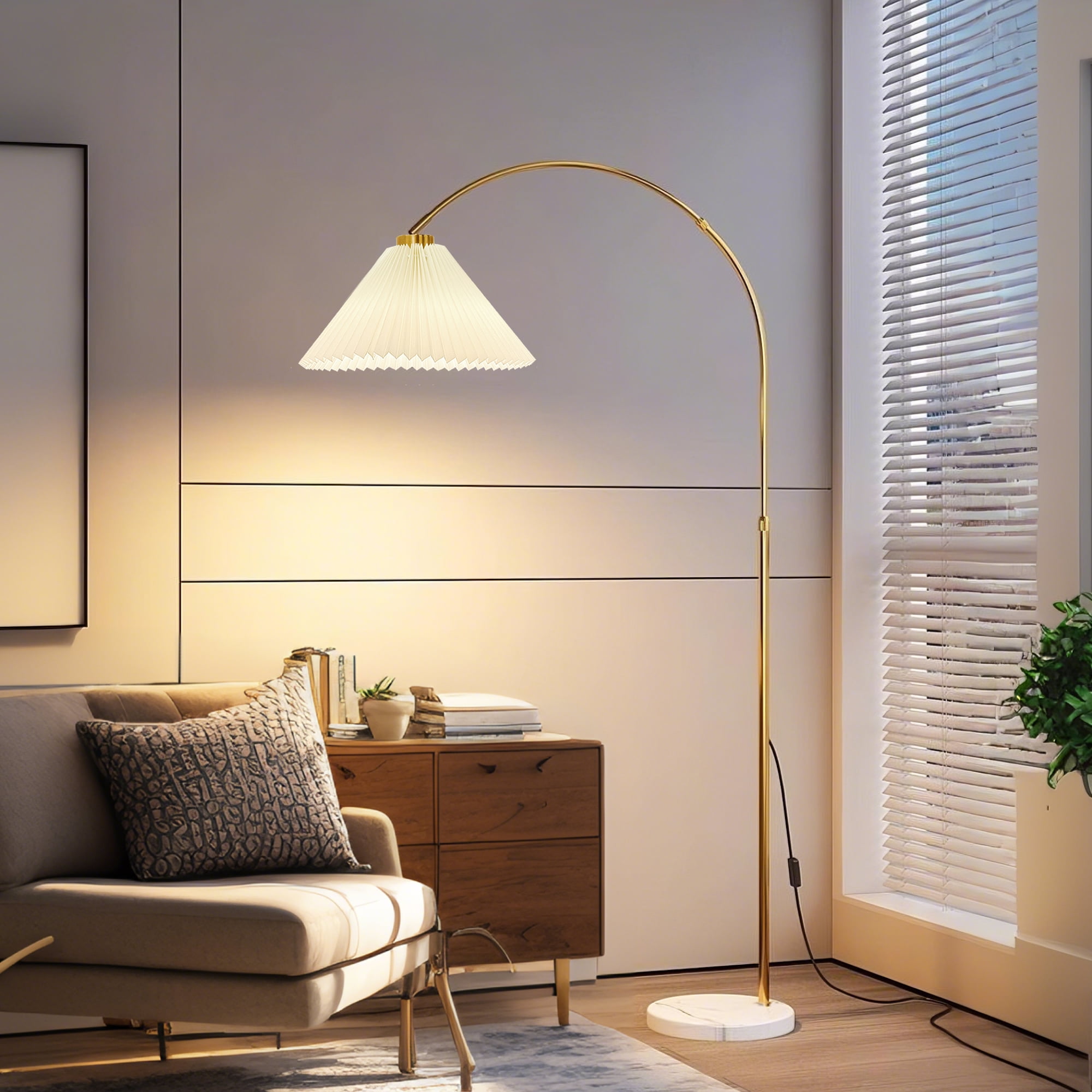 Arc Floor Lamp, 69" Height Standing Lamp, Metal Tall Lamp with Weighted Base Adjustable Hanging Shade for Living Room, Bedroom, Reading, Office - Gold