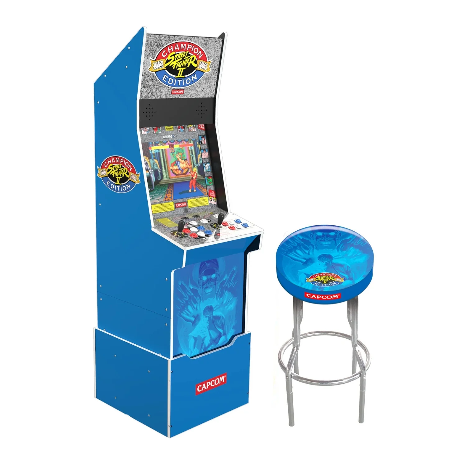 Arcade1UP Street Fighter II Big Blue Arcade Machine with Riser and Stool Bundle, Teen & Adult