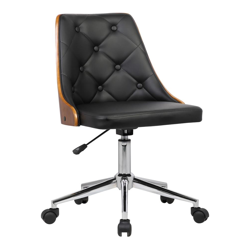 Armen Living Diamond Mid-Century Office Chair in Chrome finish with Tufted Black Faux Leather and Walnut Veneer Back