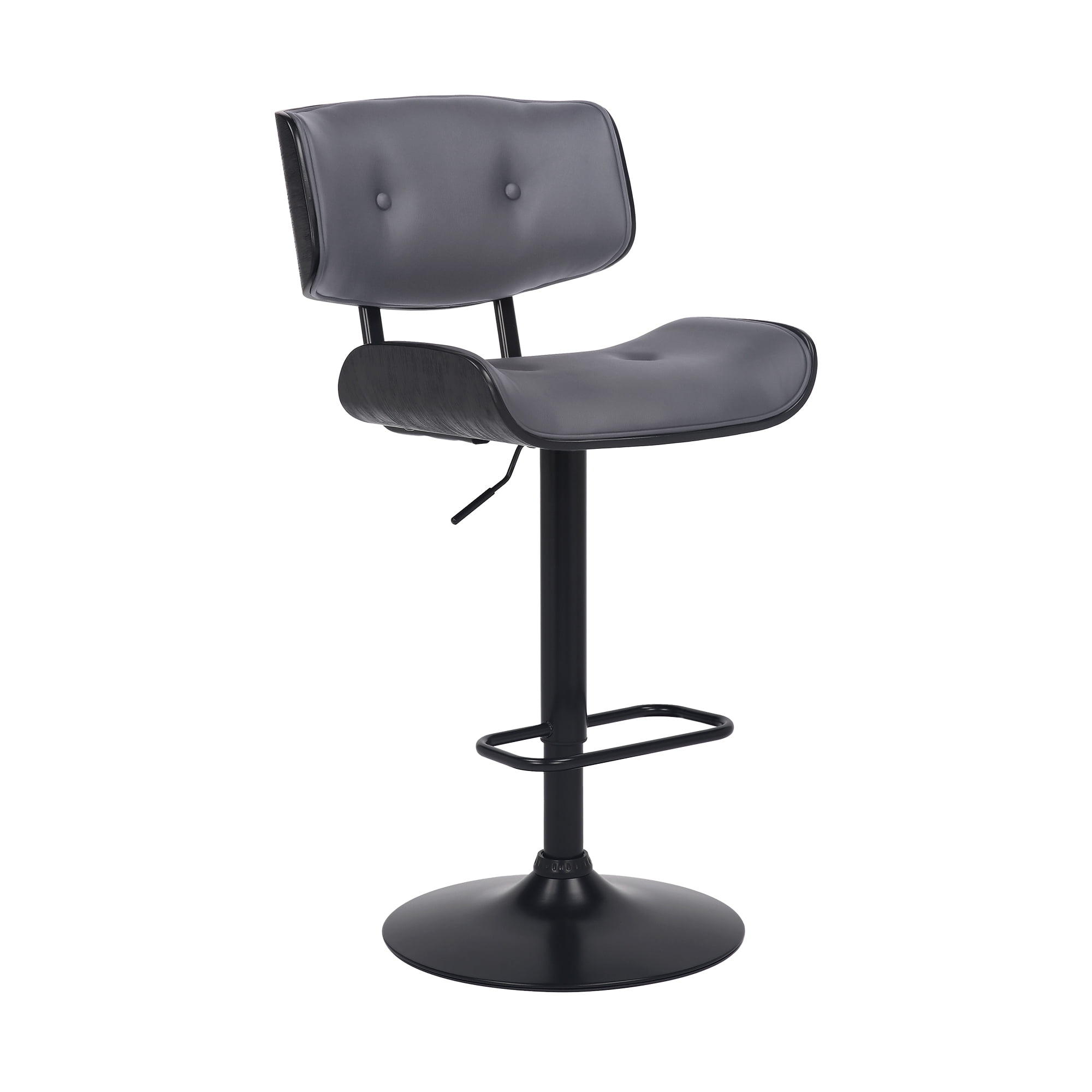 Armen Living Indoor Brooklyn Adjustable Swivel Gray Faux Leather and Black Wood Bar Stool with Black Base