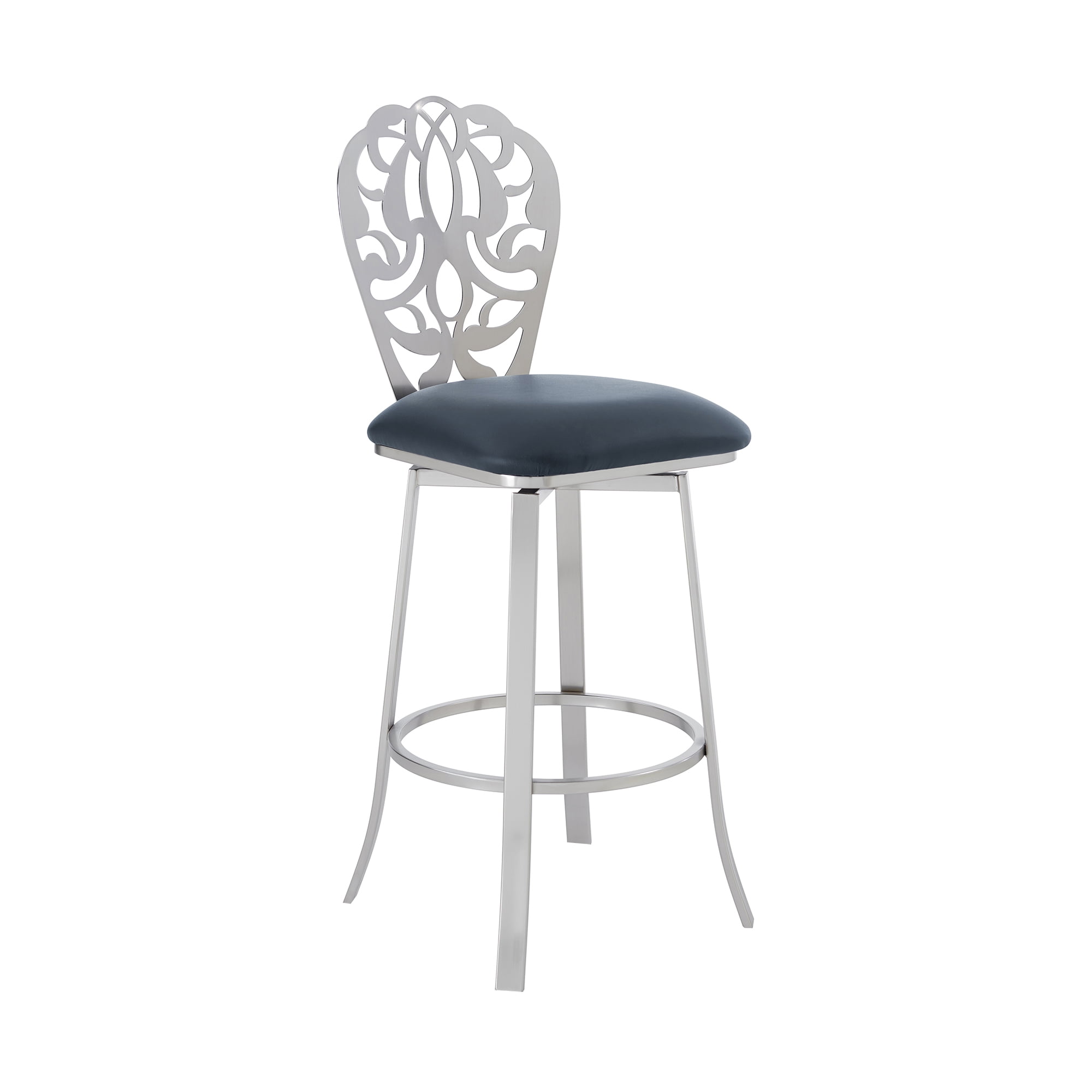 Armen Living Indoor Cherie Contemporary 30" Bar Height Barstool in Brushed Stainless Steel Finish and Gray Faux Leather