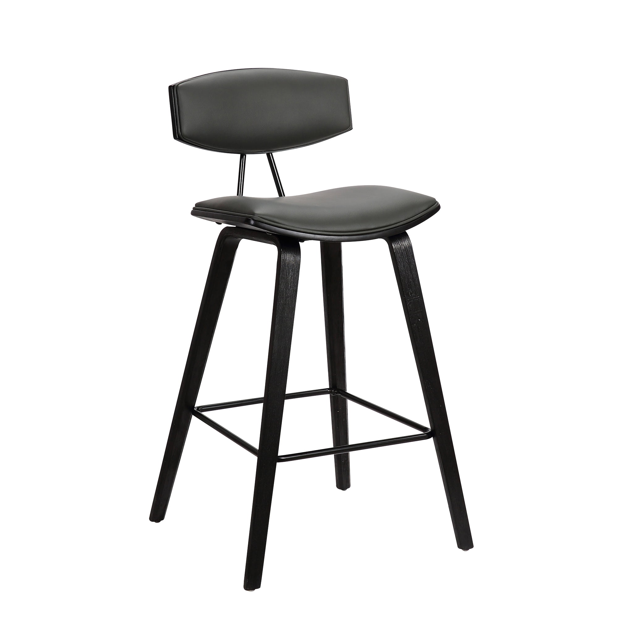 Armen Living Fox 28.5" Seat Height Gray Faux Leather and Black Wood Mid-Century Modern Bar Stool