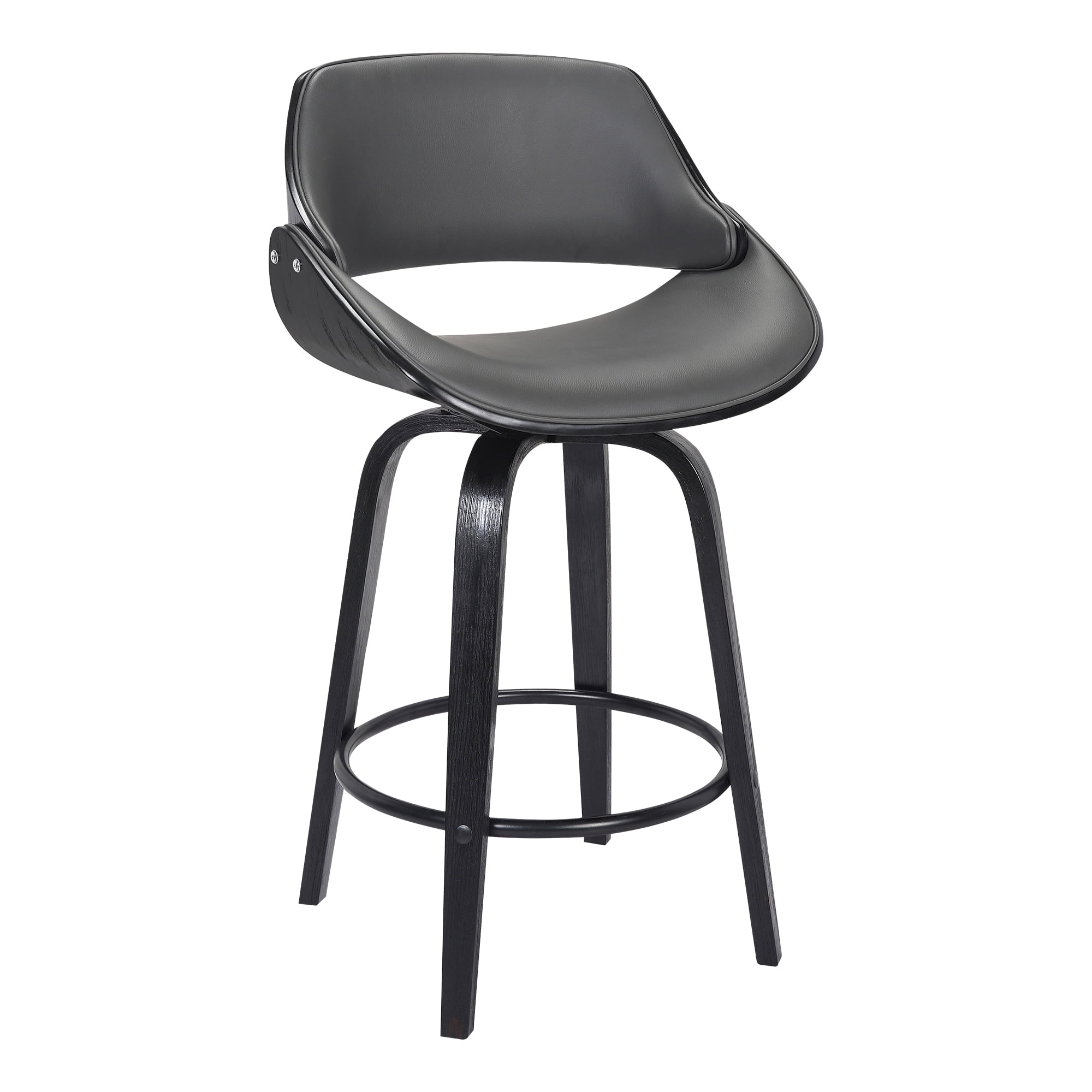 Armen Living Indoor Milan Adjustable Swivel Gray Faux Leather and Black Wood Bar Stool with Black Base