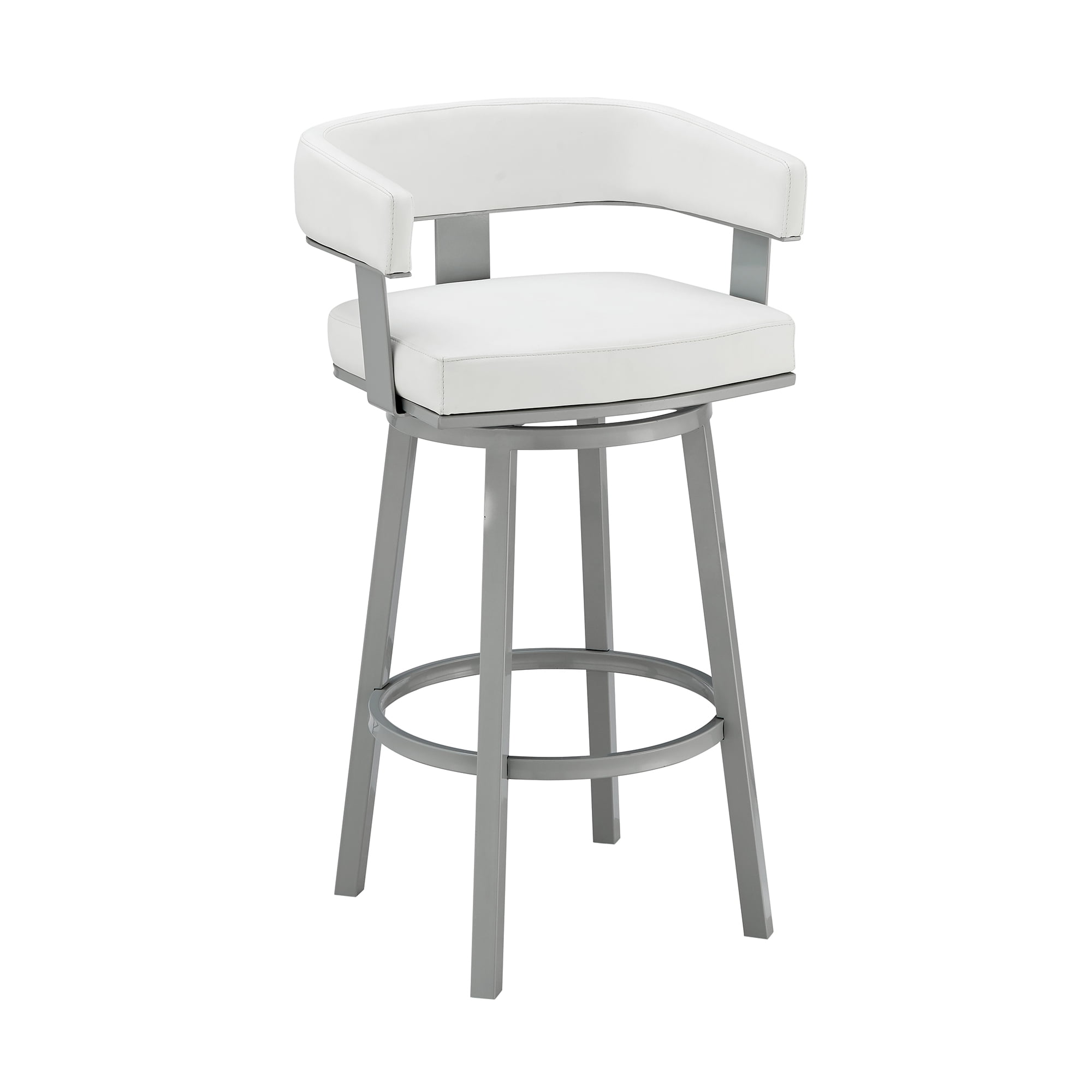Armen Living Lorin30" Bar Height Swivel Bar Stool in Silver Finish with White Faux Leather