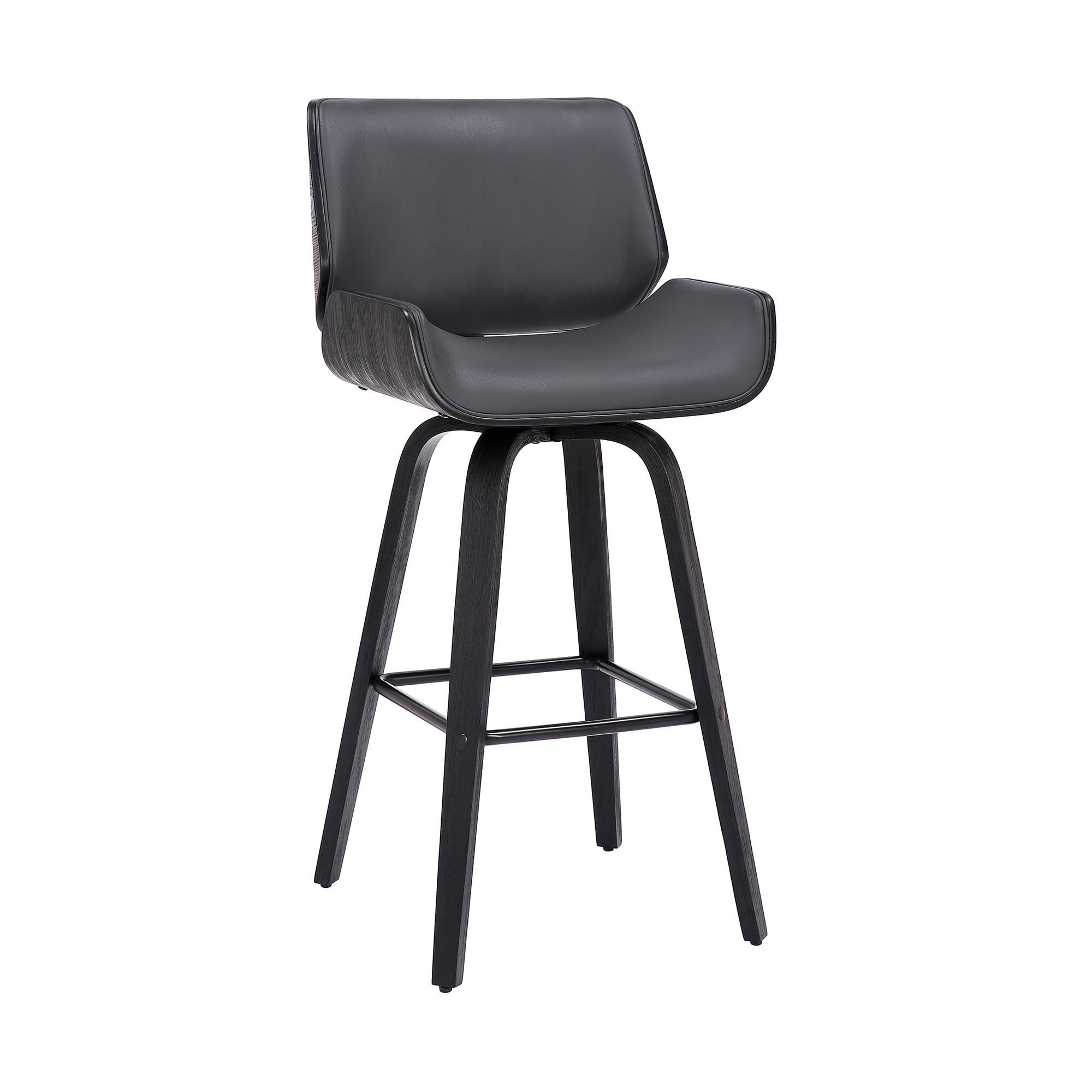 Tyler 26" Swivel Bar Stool in Black Wood and Grey Faux Leather Upholstery