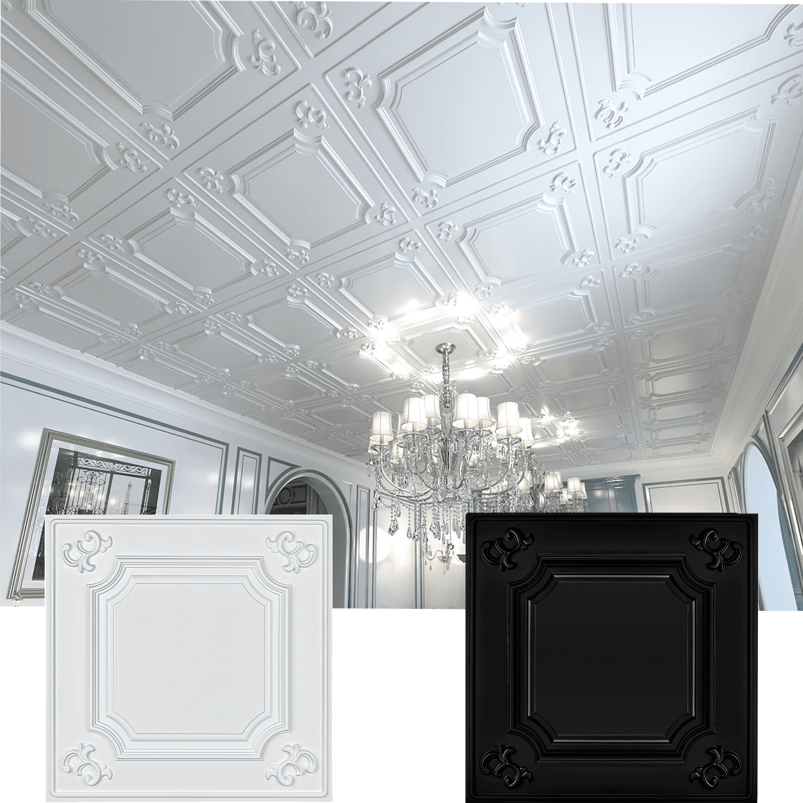 Art3d Drop Ceiling Tiles 24x24 in Black (12-Pack, 48 Sq.ft), Wainscoting Panels Glue Up 2x2