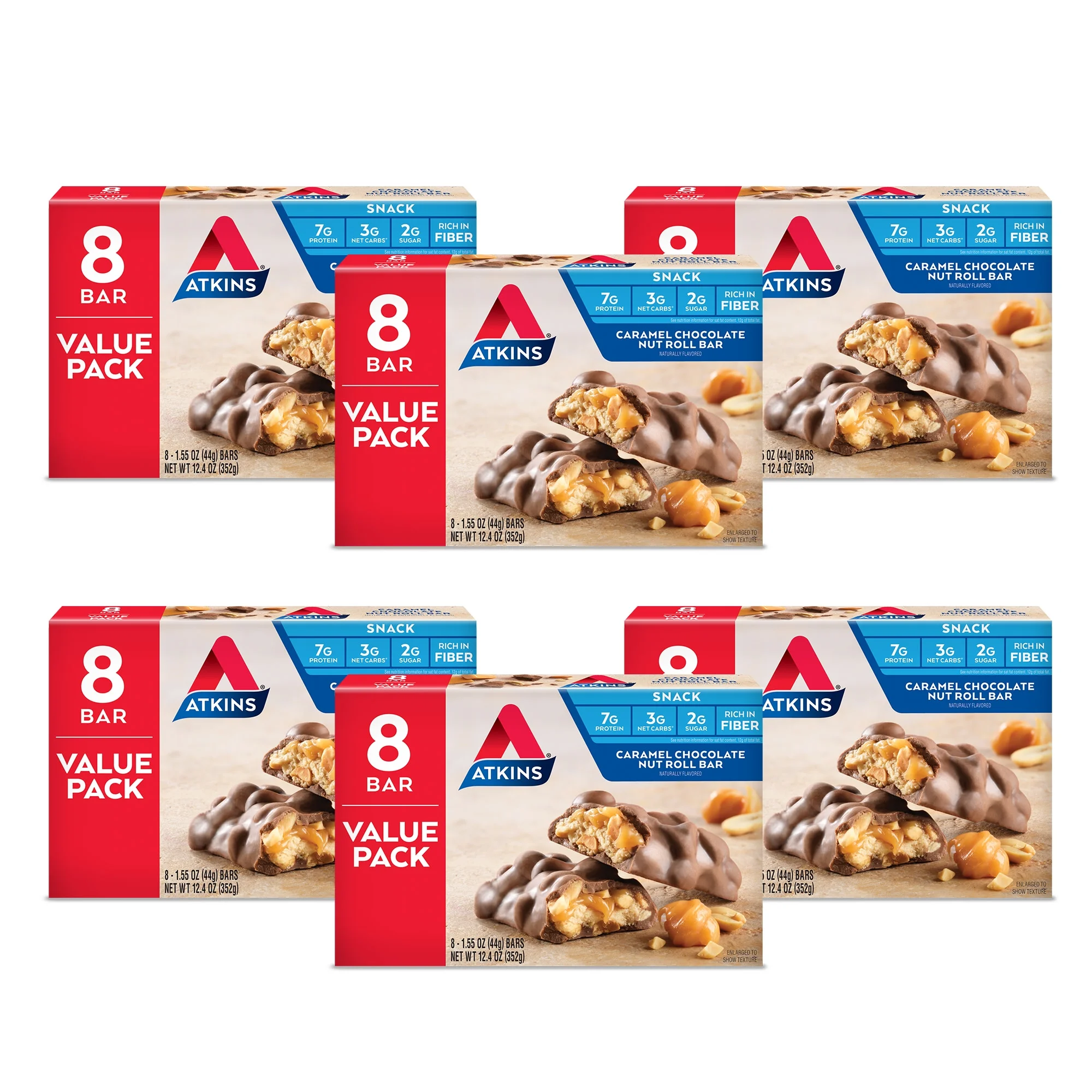 Atkins Caramel Chocolate Nut Roll Snack Bar, Protein Snack, High in Fiber, Low Sugar, 6/8 Packs