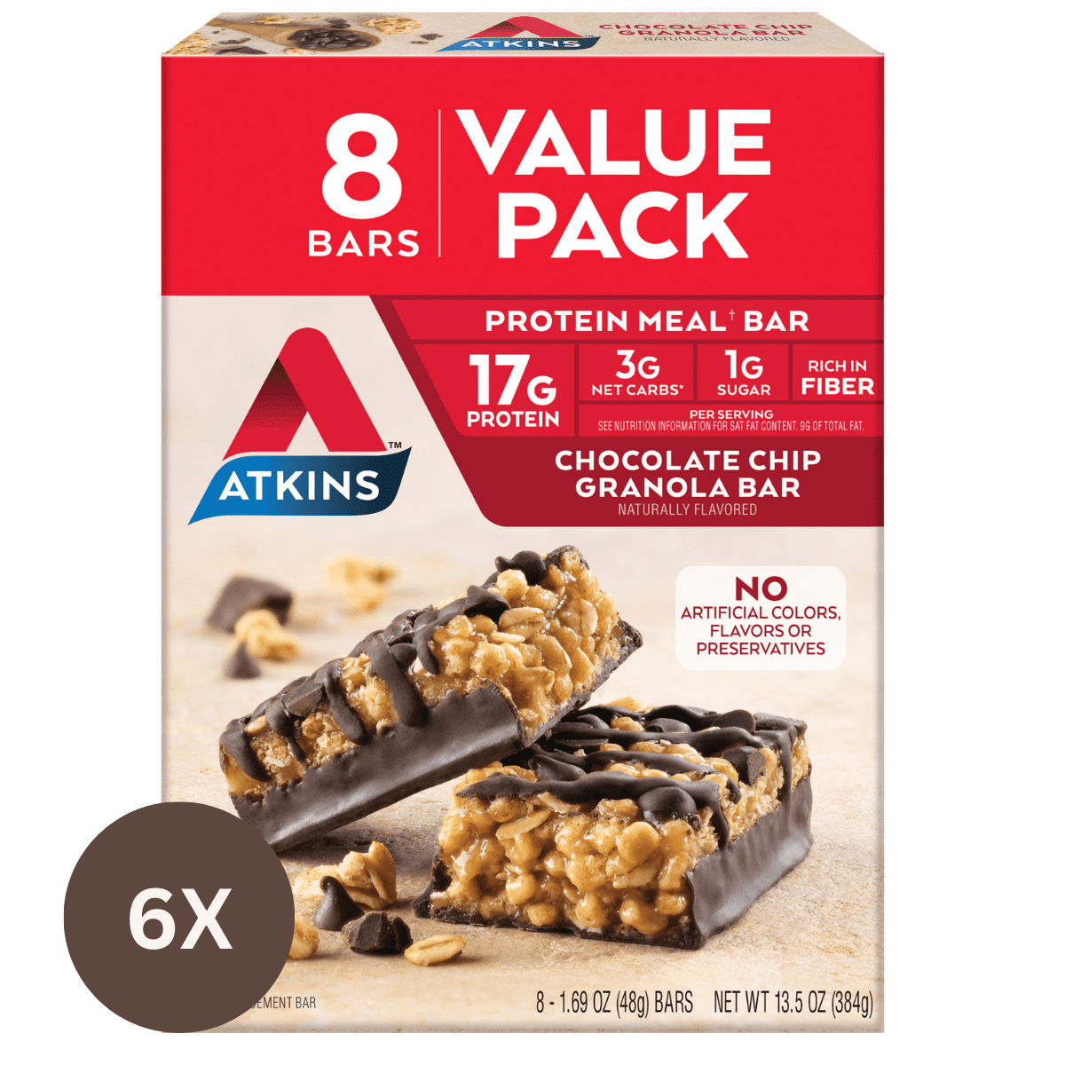 Atkins Chocolate Chip Granola Protein Meal Bar, High Fiber, Low Sugar, Meal Replacement, Keto Friendly, 6/8 Packs