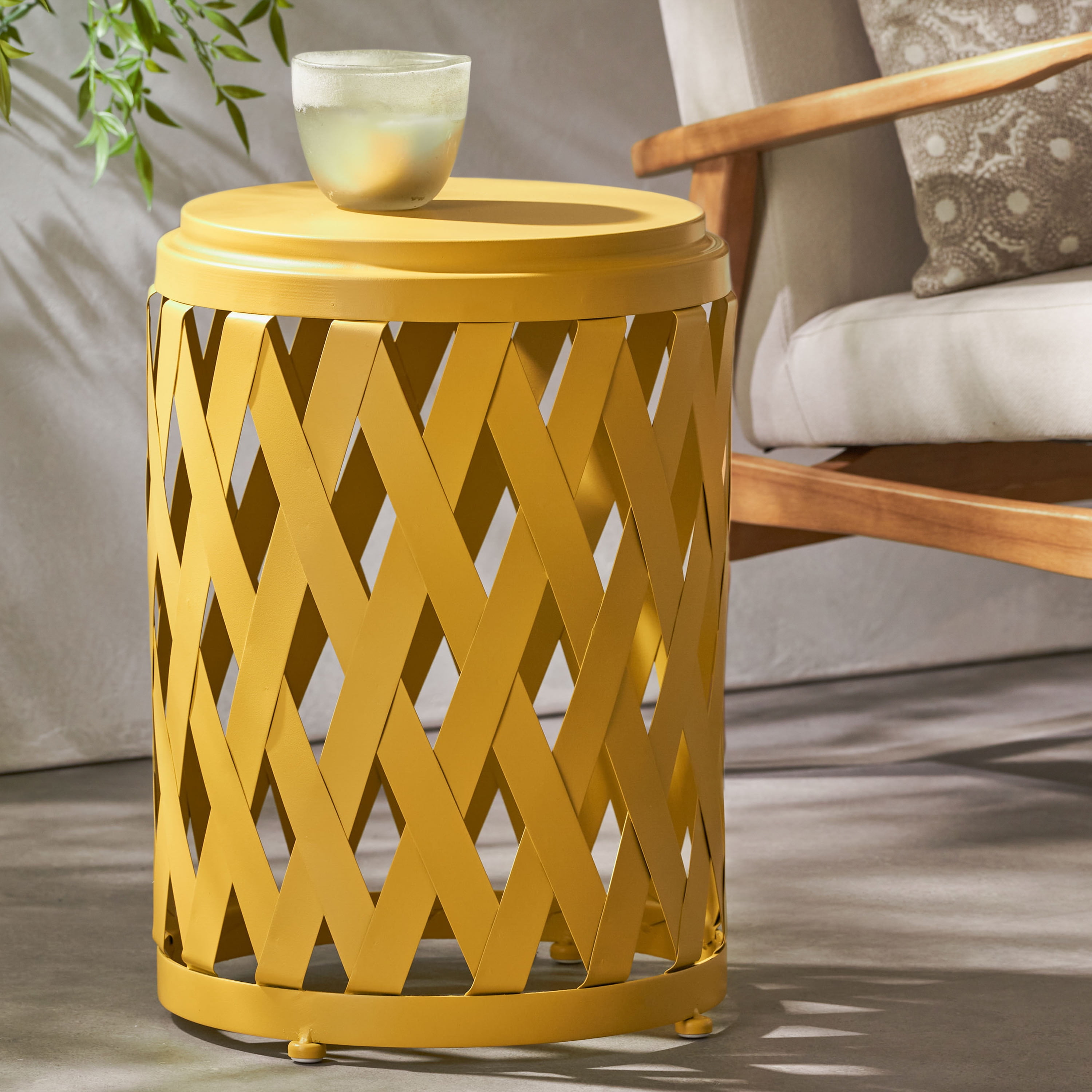 Aubriella Outdoor 14 Inch Diameter Iron Side Table, Matte Yellow