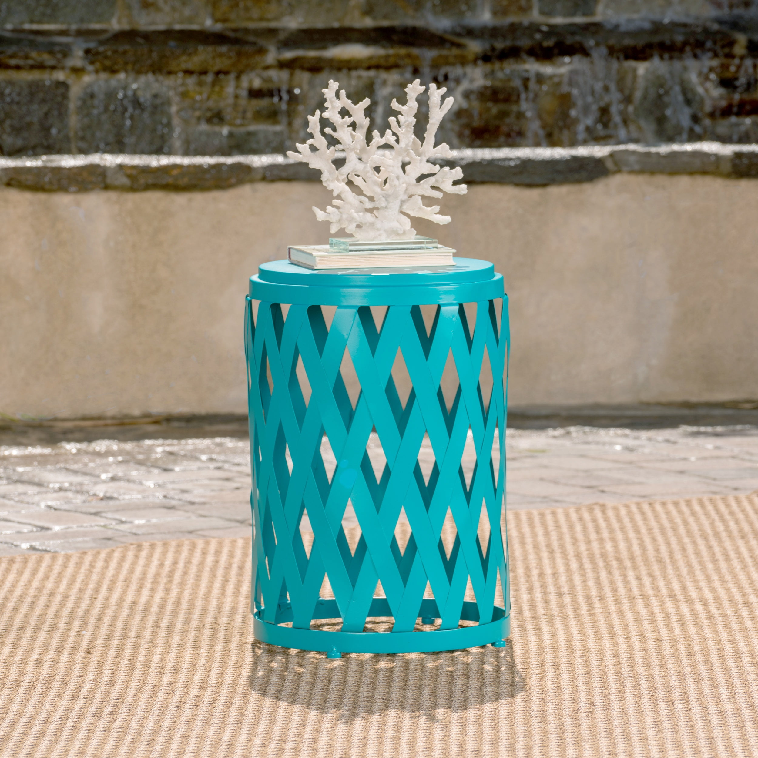 Aubriella Outdoor 14 Inch Diameter Iron Side Table, Teal