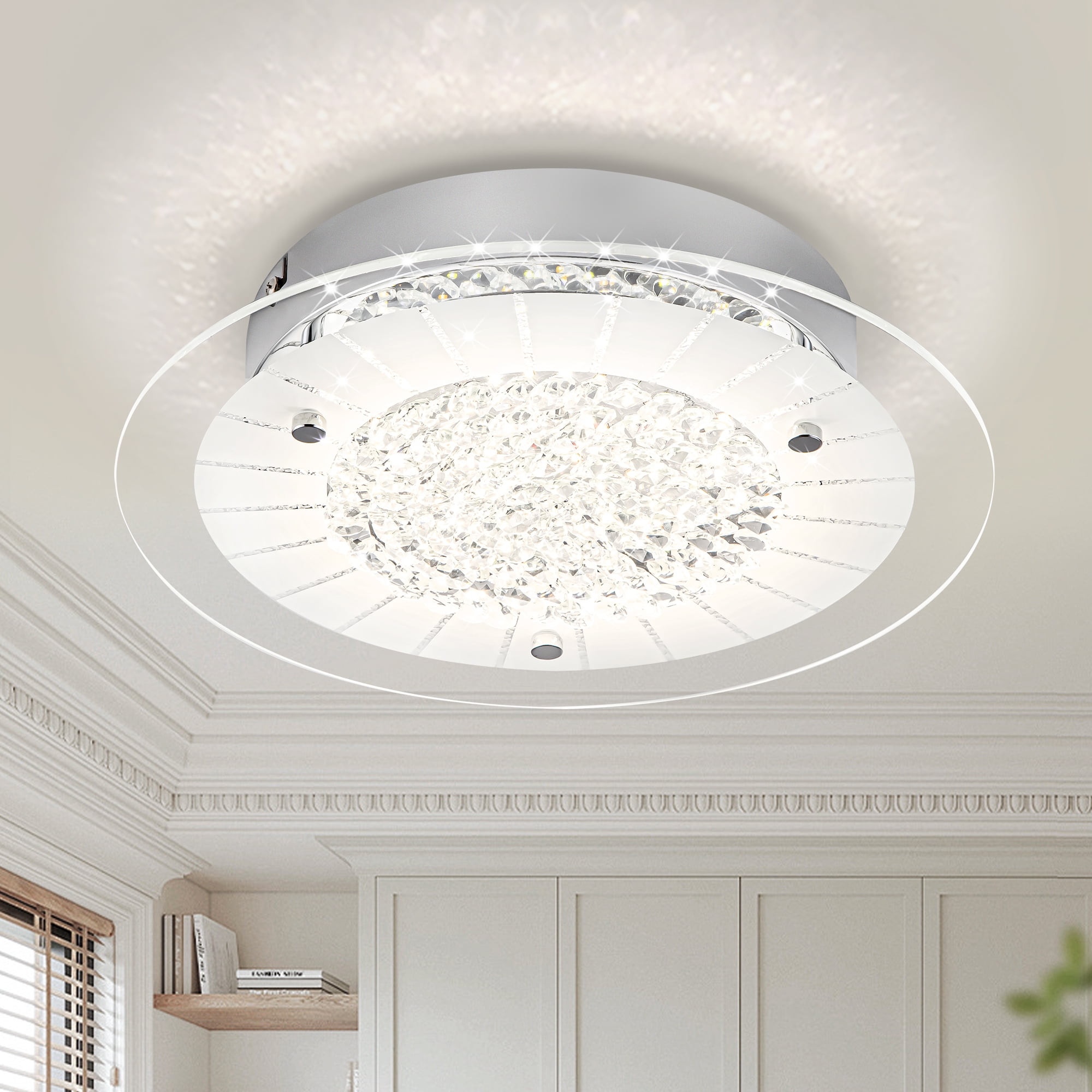 Auffel Crystal Flush Mount Ceiling Light Dimmable 4000K Daylight Kitchen Lighting Fixtures Ceiling LED for Bedroom Hallway 11inch Nickel Glass Round 12W