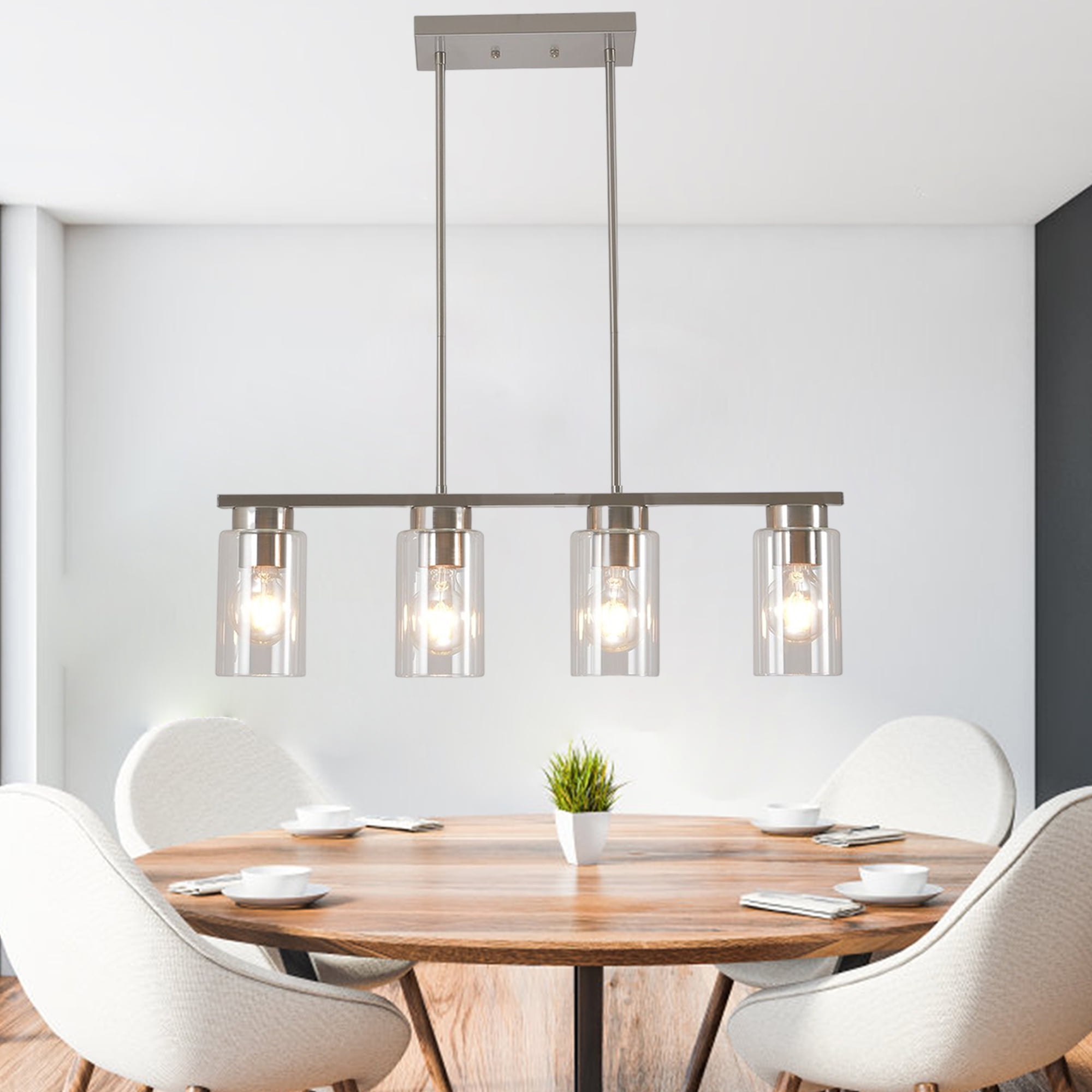 Auffel Kitchen Islands Light Ceiling Lights Glass Pendant Light Fixture for Kitchen Island Adjustable Height 4 Lights Brush Nickel