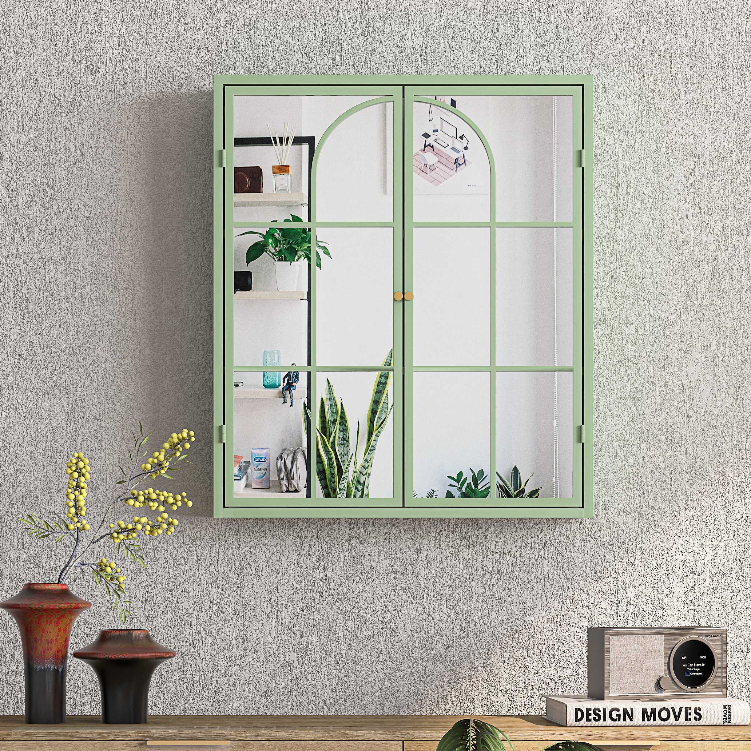 Aukfa Wall Cabinet Medicine Cabinet with Mirror for Living Room, Bathroom, Dining Room, Green