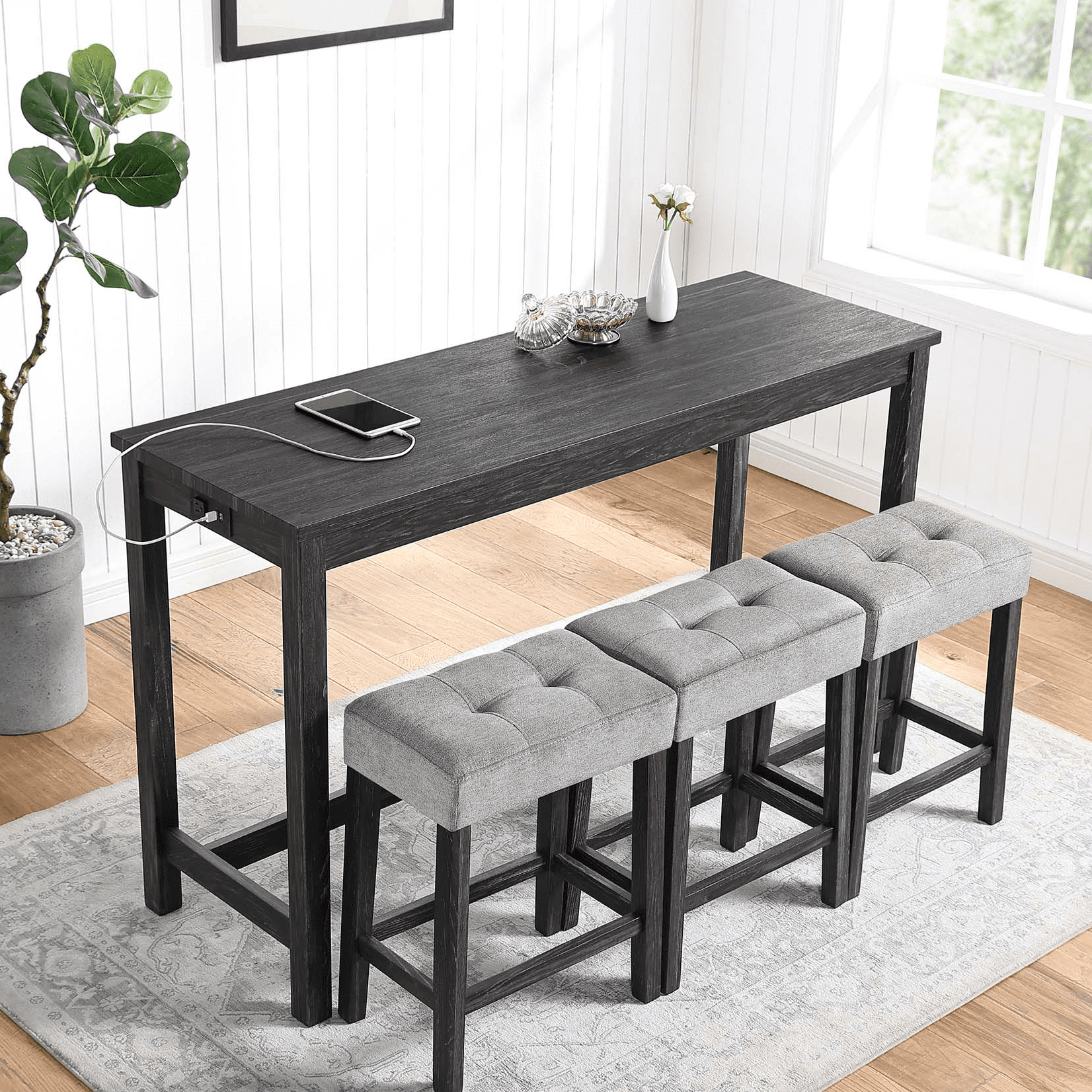 Aukfa Wood Kitchen Table Set,Dining Table Set of 4 with 3 Stools and Power Outlet,Black