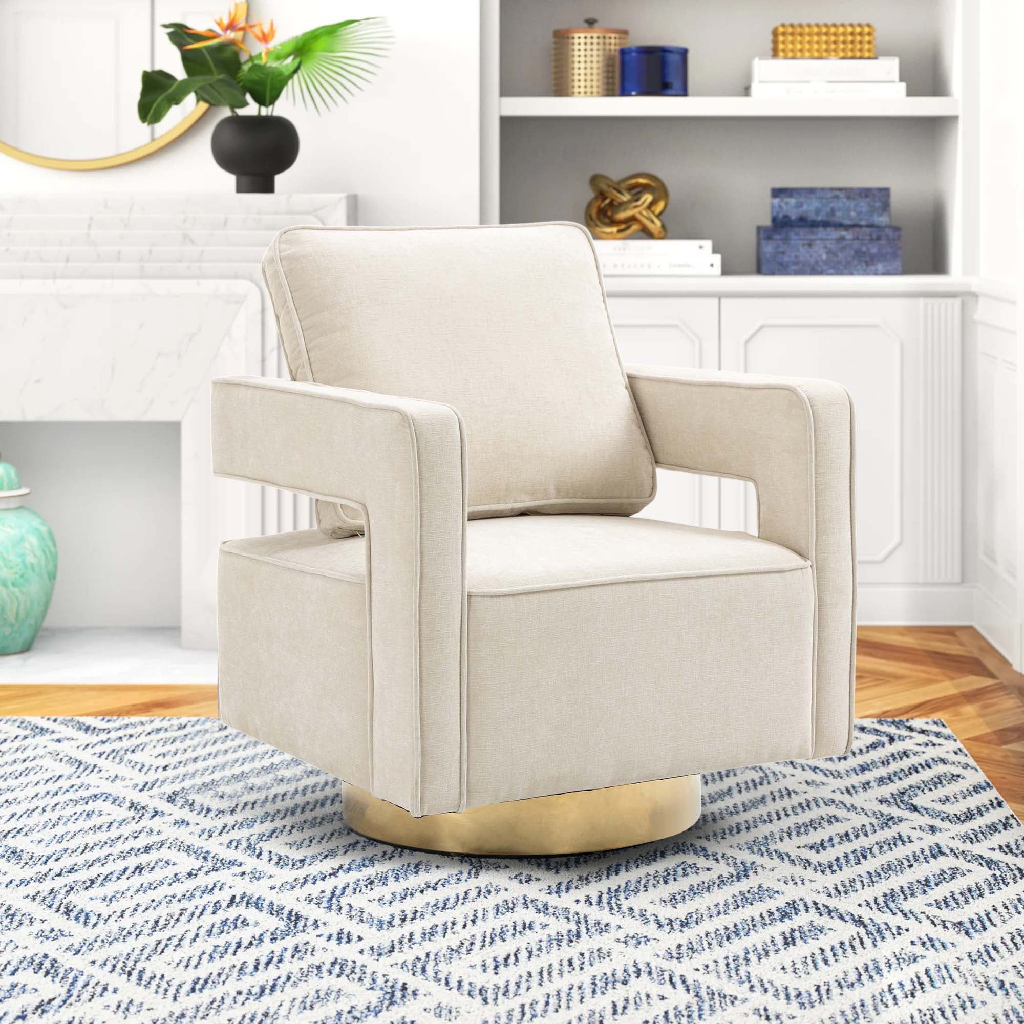 Aukfa Accent Swivel Barrel Chair, Modern Chenille Upholstered Swivel Club Chair for Bedroom Living Room - Beige