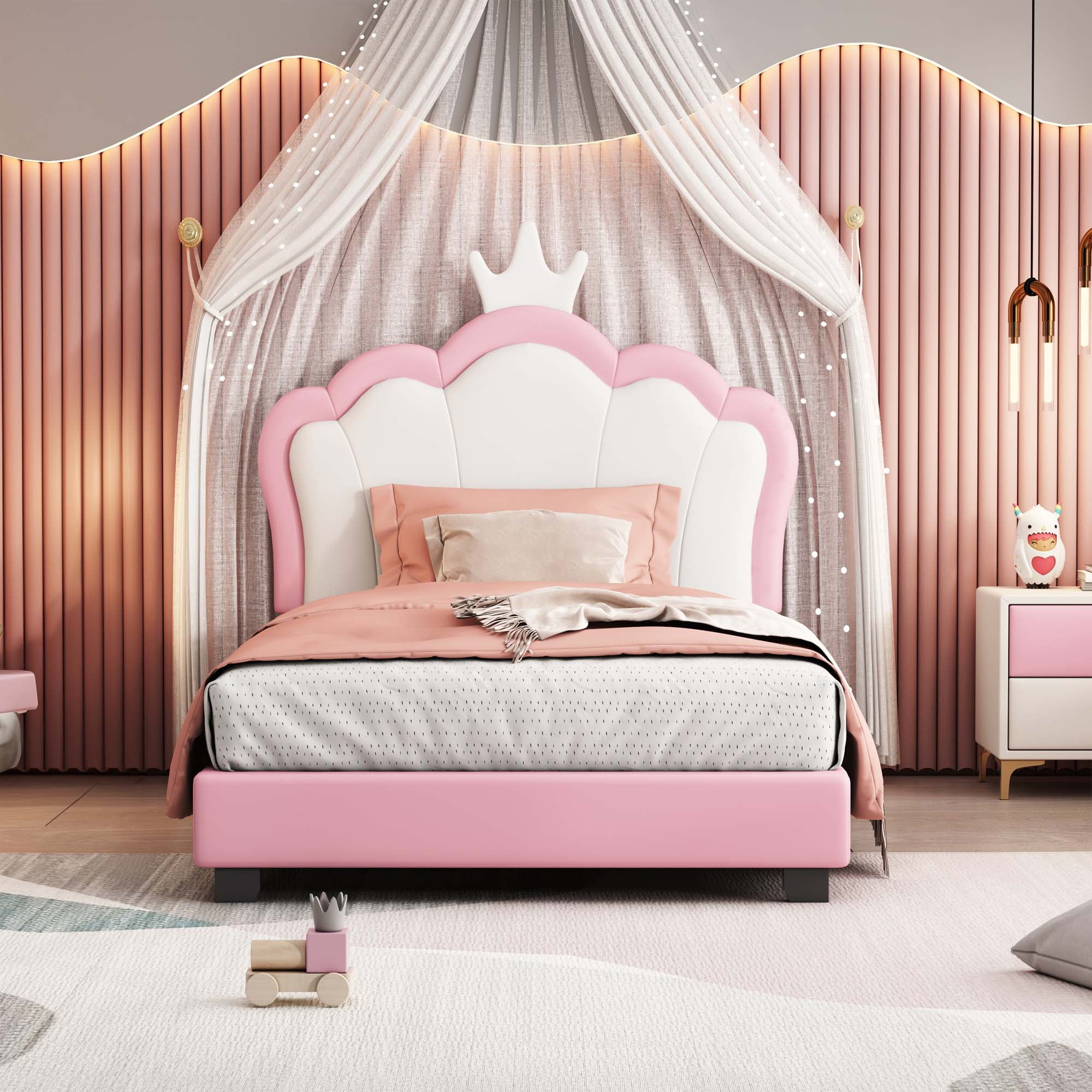 Aukfa Cartoon Kids Twin PU Leather Standard Beds, White/Pink