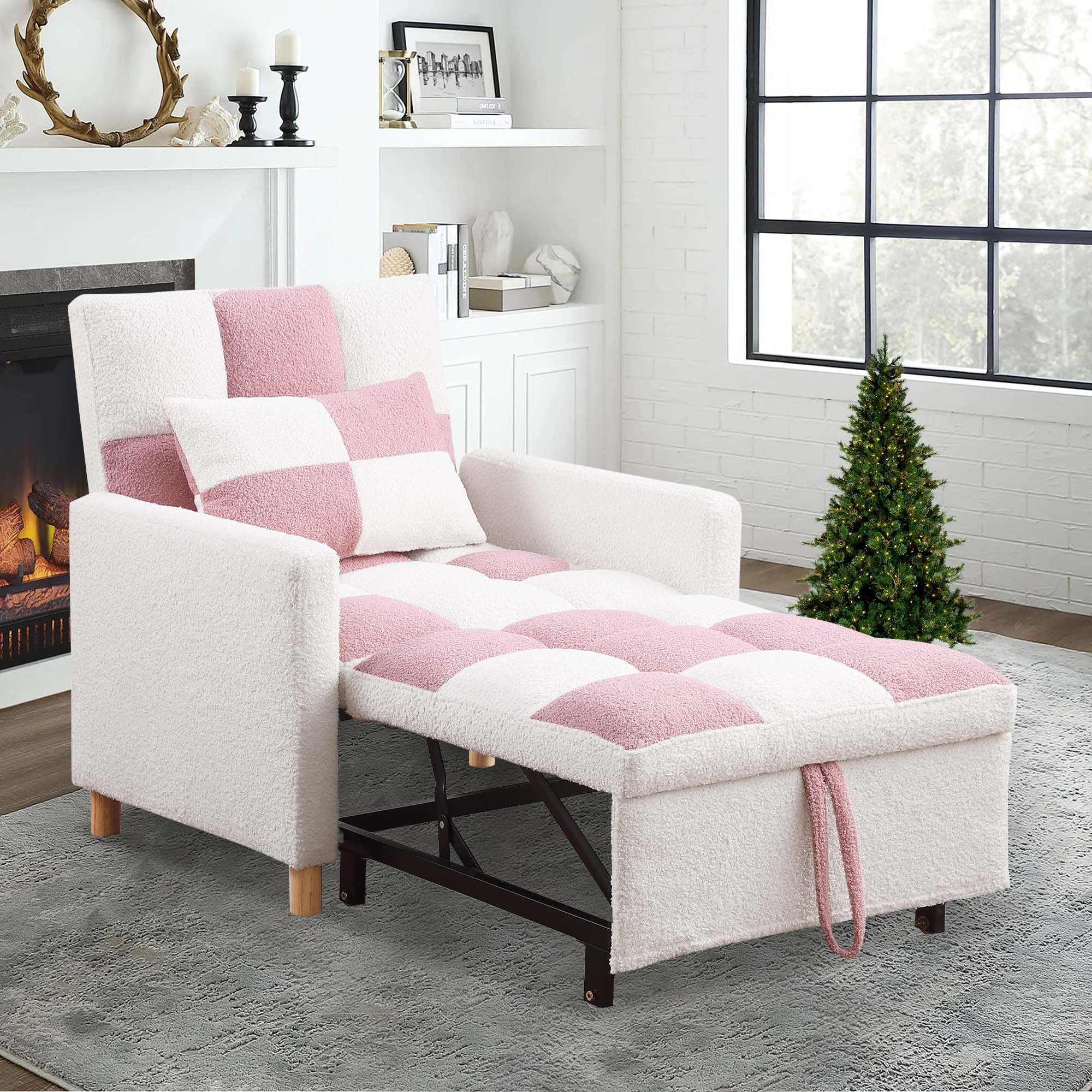 Aukfa Convertible Sleeper Chair Bed, Patchwork Pull Out Sofa Chair with Adjustable Backrest, Teddy - White/Pink