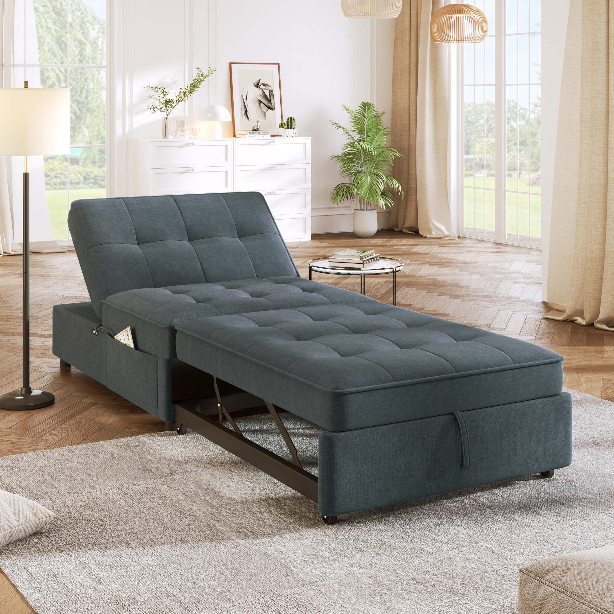 Aukfa Convertible Sleeper Sofa Chair Bed, 3-in-1 Pull Out Sleeper Chair with USB Port and Pocket for Living Room - Gray