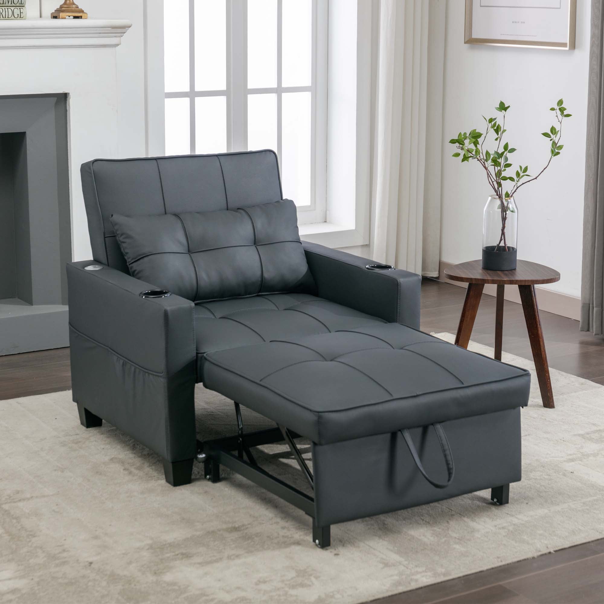 Aukfa Futon Convertible Sleeper Sofa Chair with USB Ports Cup Holders for Living Room, Dark Gray