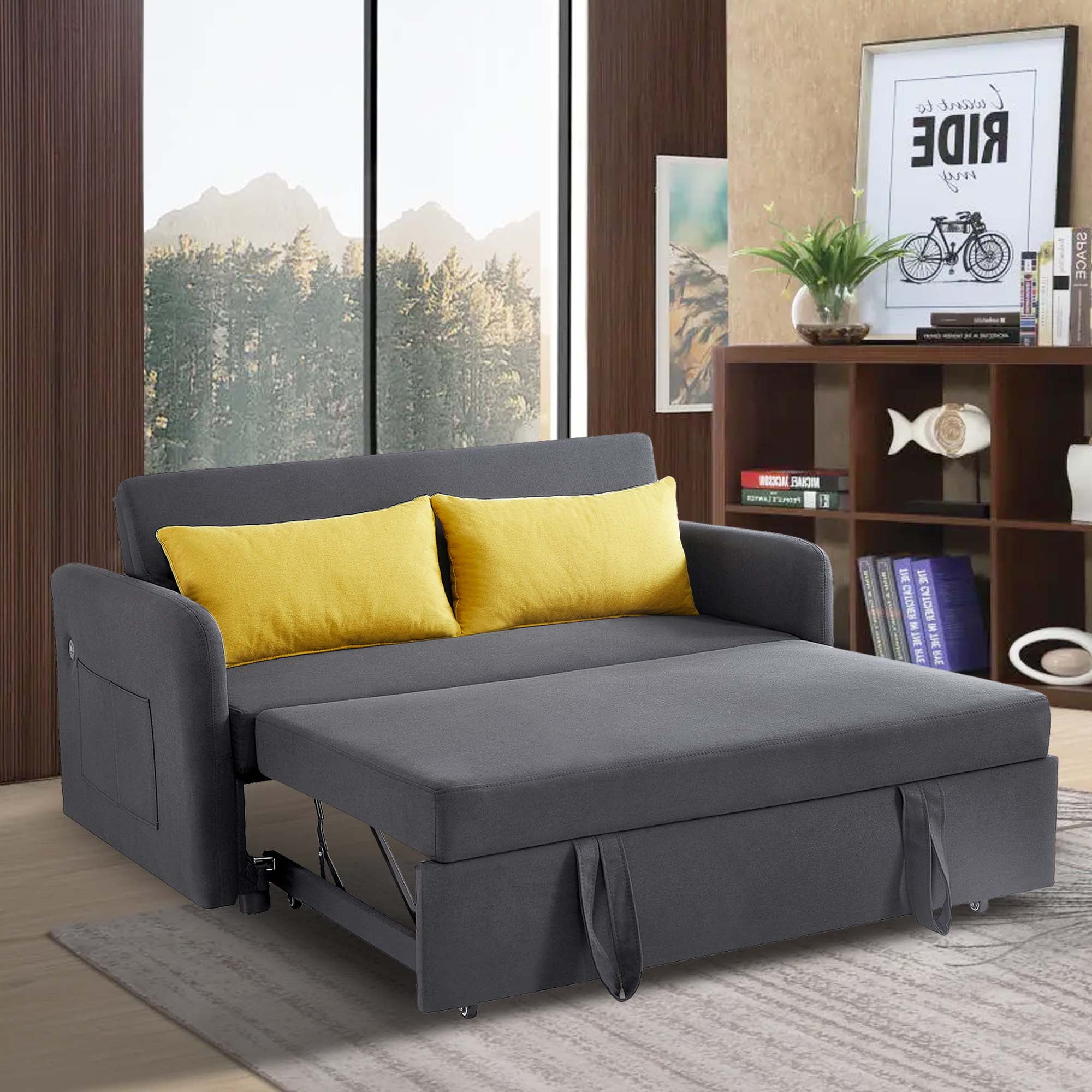 Aukfa Convertible Sofa Bed Home Wood and Metal Futon with USB Port and 2 Pillows, Gray/Black