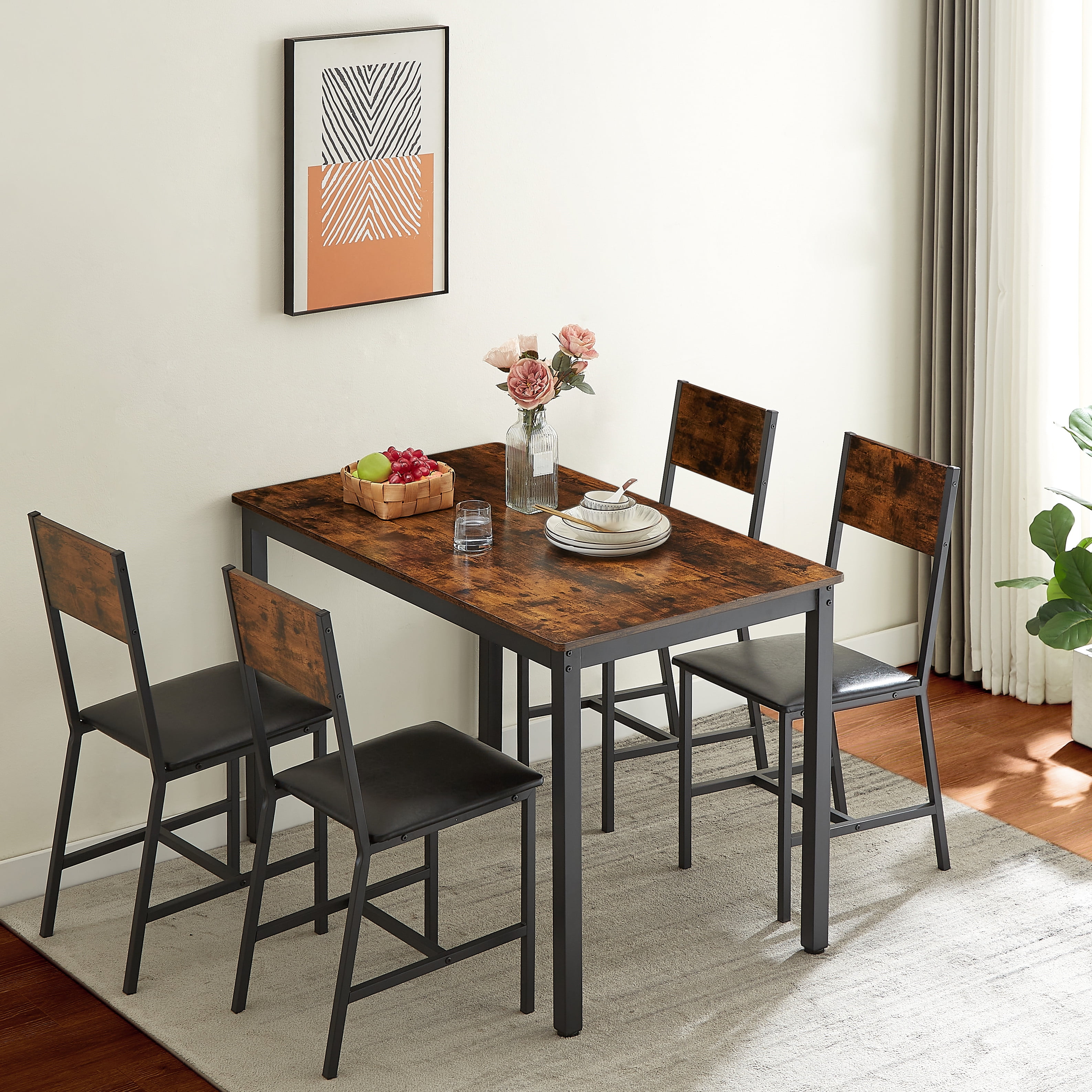 Aukfa Dining Table Set for 4, 5 Piece Kitchen Table Set for Dining Room, 4 Upholstered Chairs, Brown