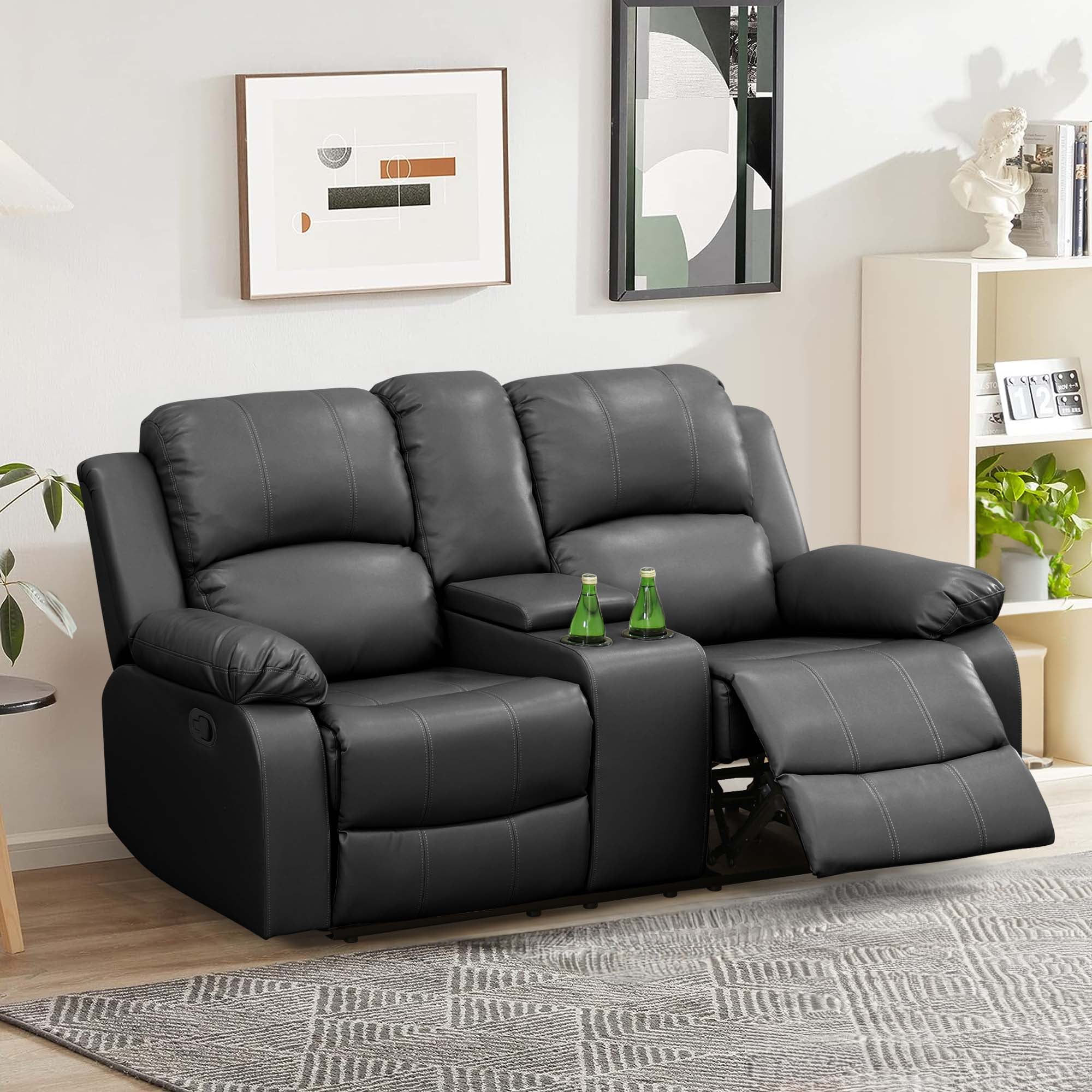 Aukfa Double Manual Recliner Chair, Overstuffed Loveseat with Cupholder for Living Room, Black