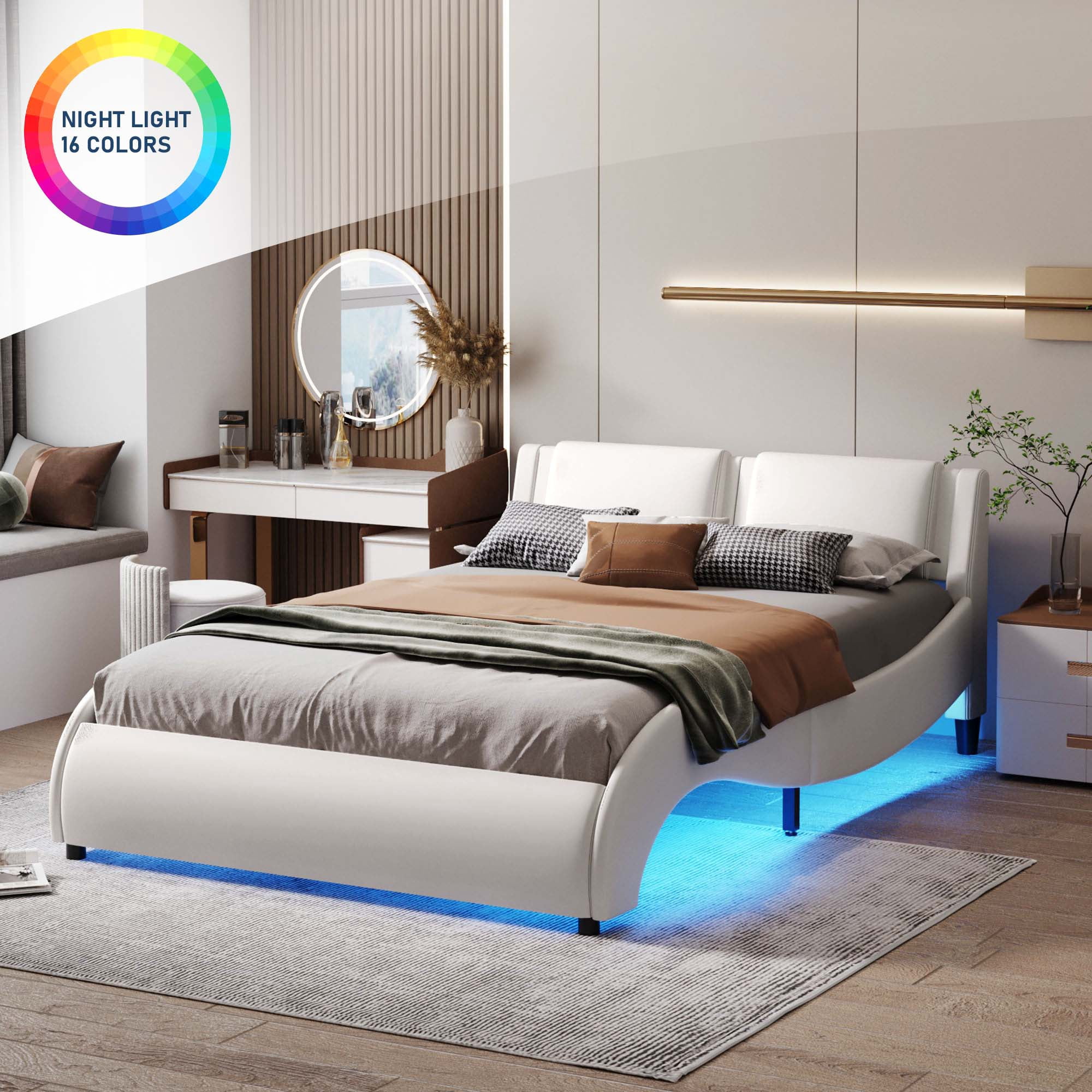 Aukfa Faux Leather Full Upholstered Platform Bed with Headboard, 16 LED Bed Frame - White