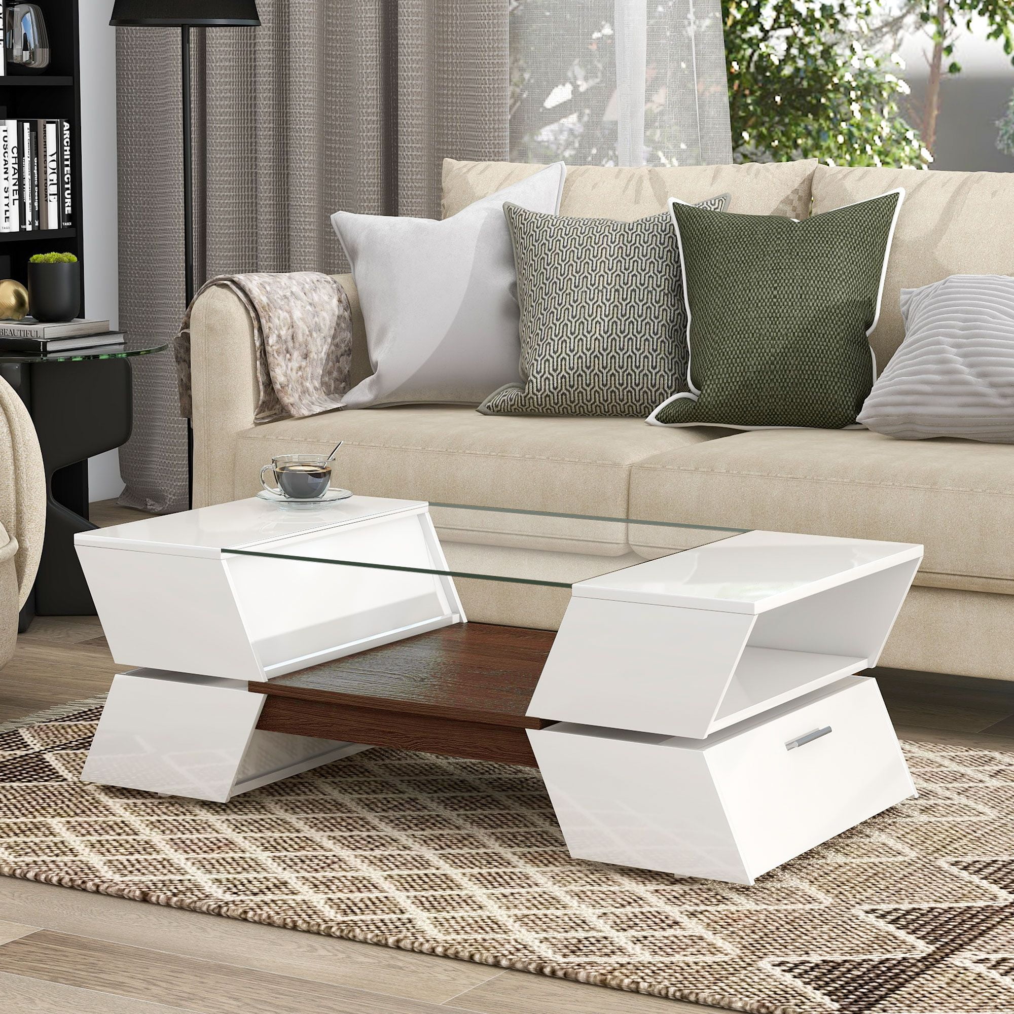 Aukfa Glass Top Coffee Table with Open Shelves and Cabinets - 2-Tier Center Table for Living Room - White