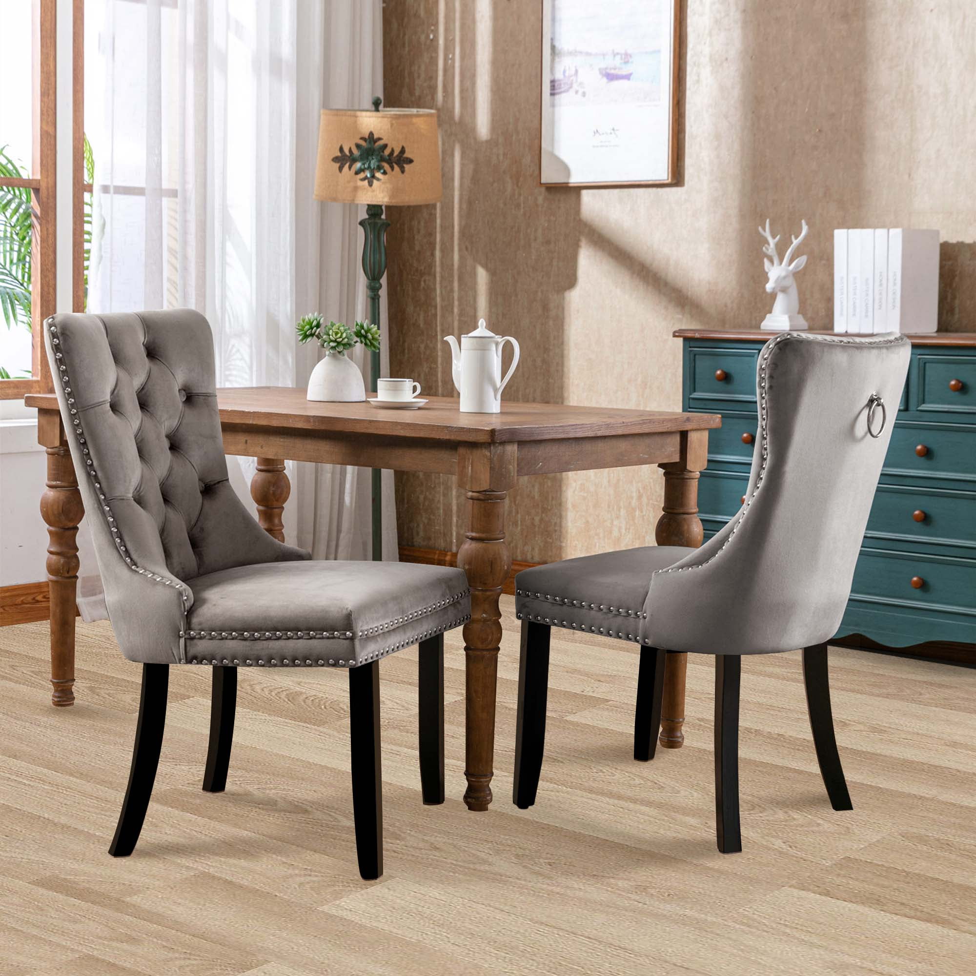 Aukfa High-End Upholstered Dining Chairs Set of 2, Modern Tufted Solid Wood Side Chair with Nailhead Trim - Gray
