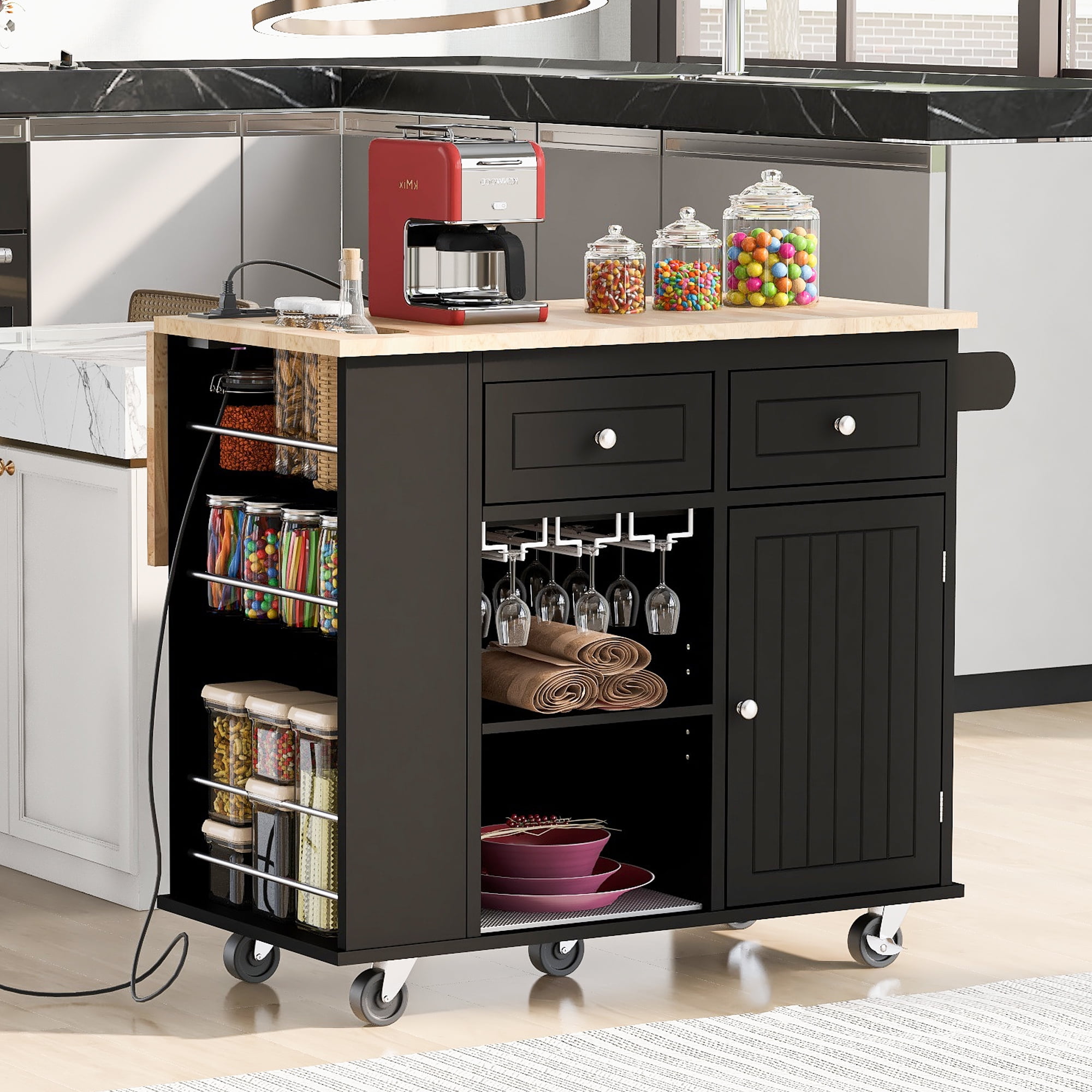 Aukfa Rolling Kitchen Islands with Storage Cabinets, Wood Black, 39.80 in