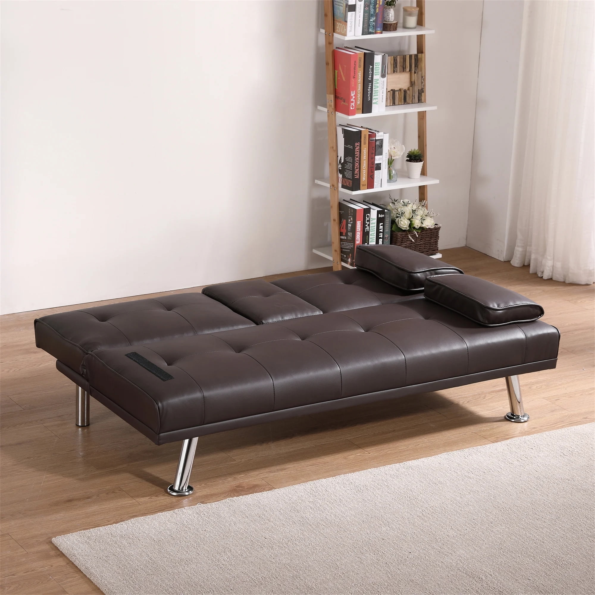Aukfa Leather Futon Sofa Bed Modern Convertible Couch Folding Chaise with 2 Cup Holders, Brown