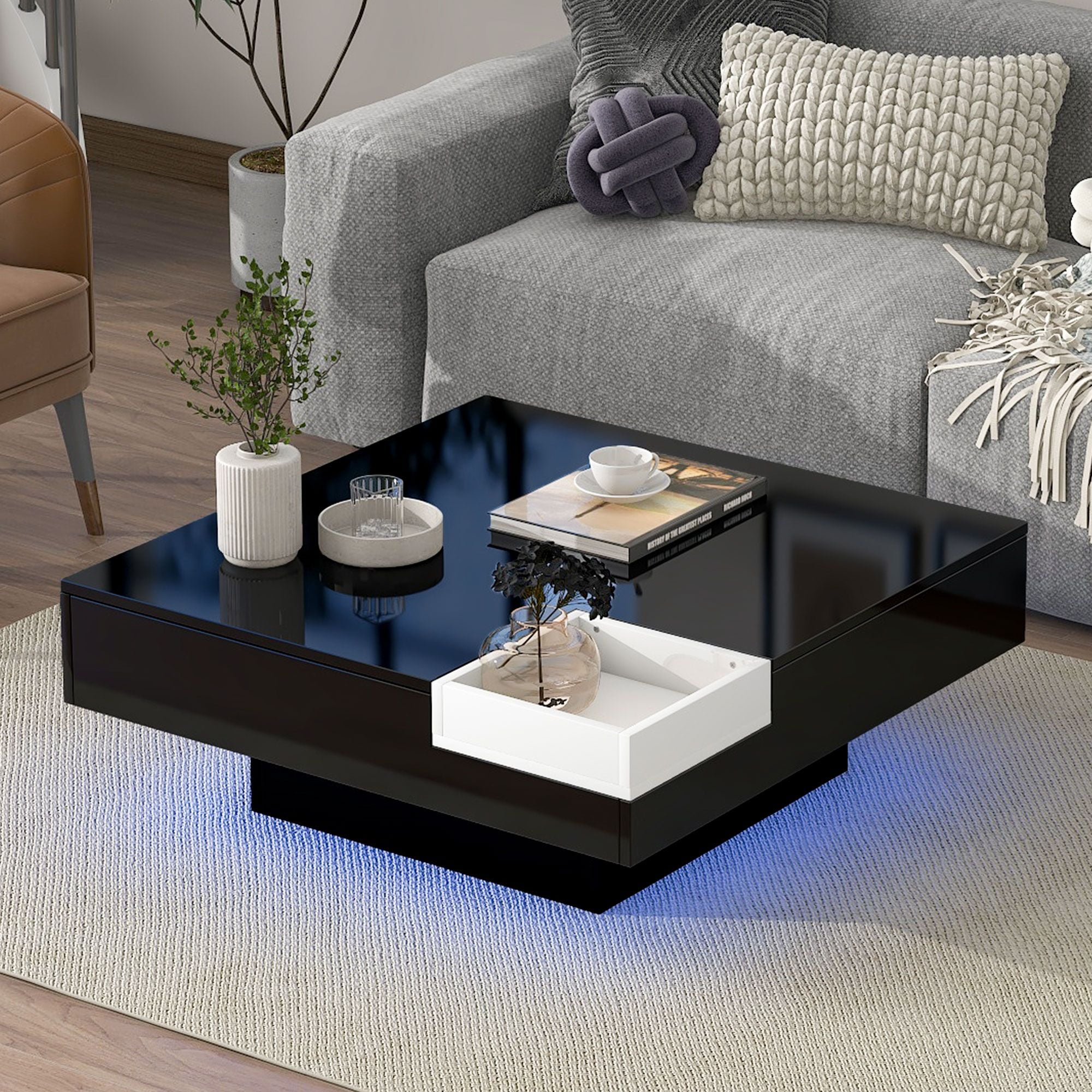 Aukfa LED Coffee Table Cocktail Table with Detachable Tray - End Table with16-Color LED Light for Living Room - Black