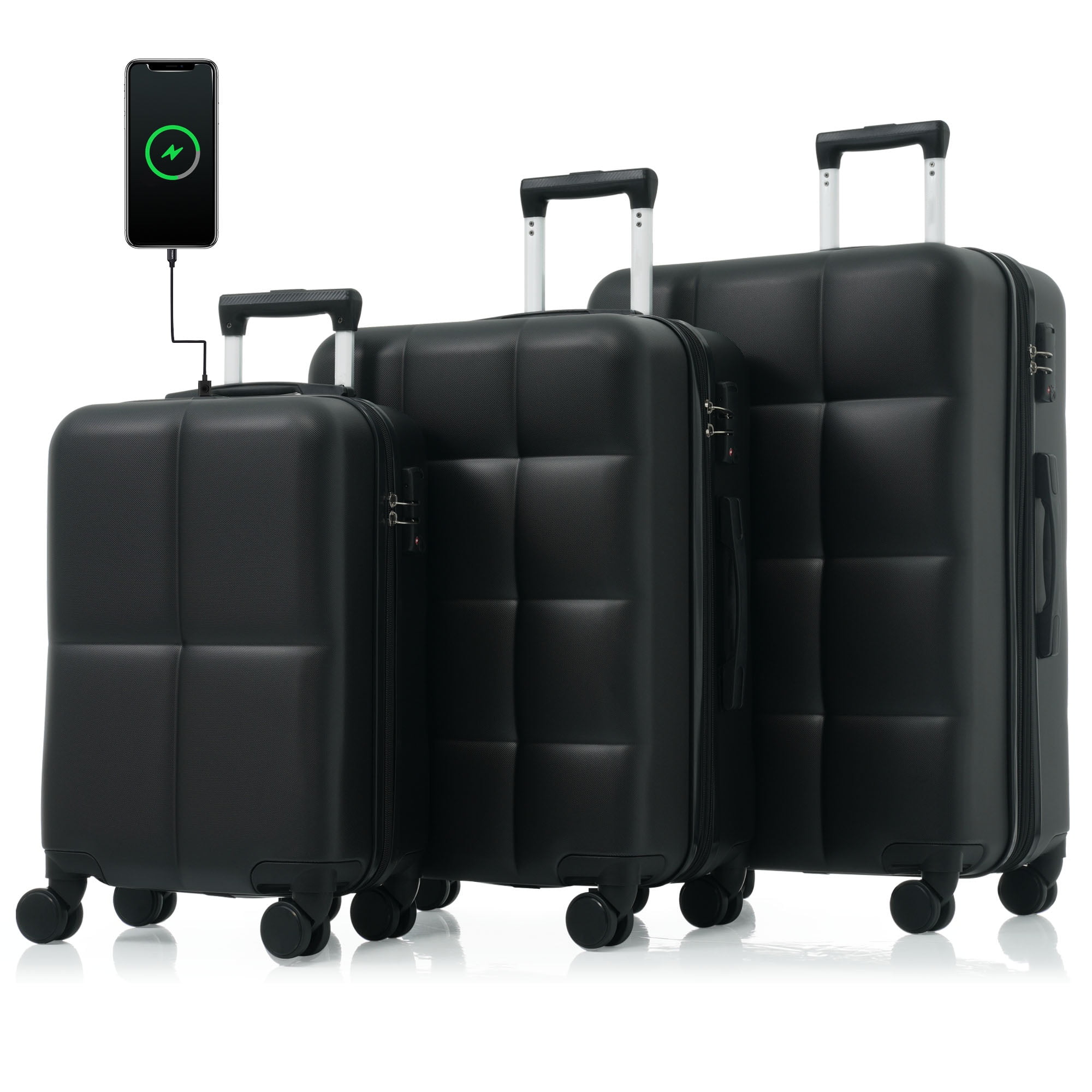 Aukfa Luggage Set, 3 Piece Expandable Hardshell Suitcase with USB Port and Cup Holders, Spinner Wheels, Black