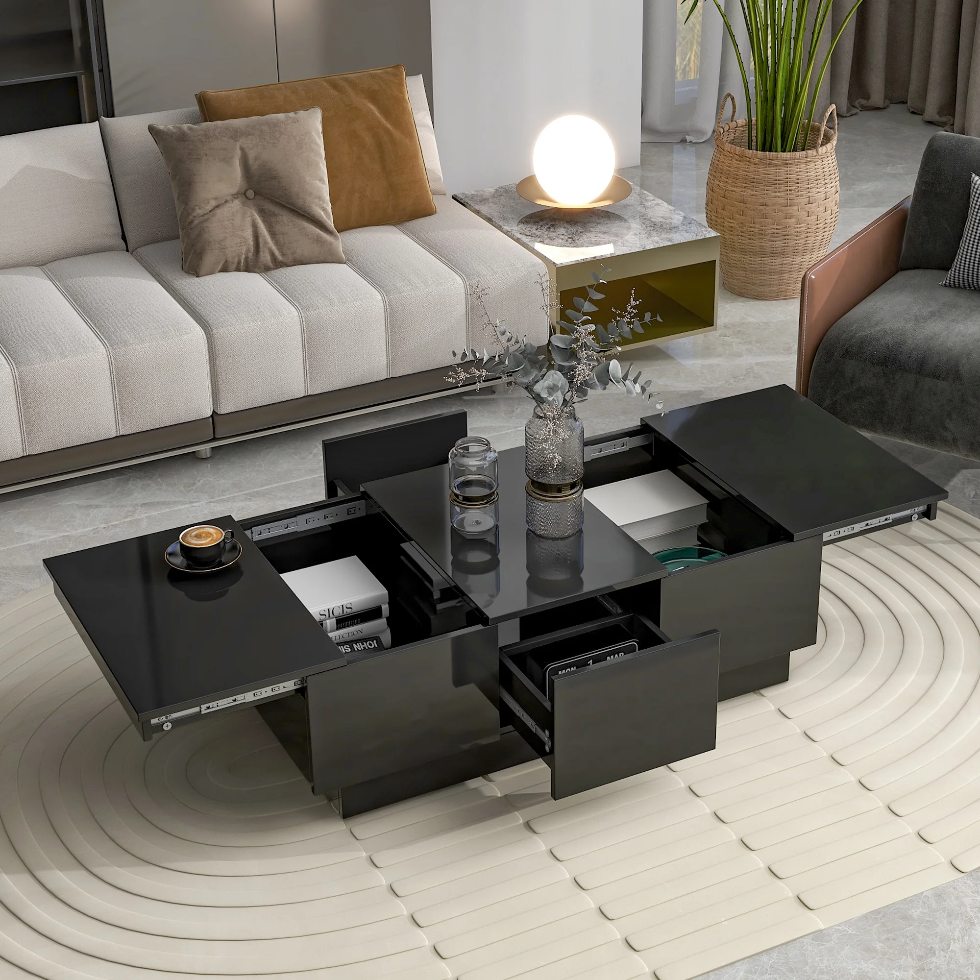 Aukfa Modern Extendable Coffee Table - Rectangle Cocktail Table with Hidden Storage - Black