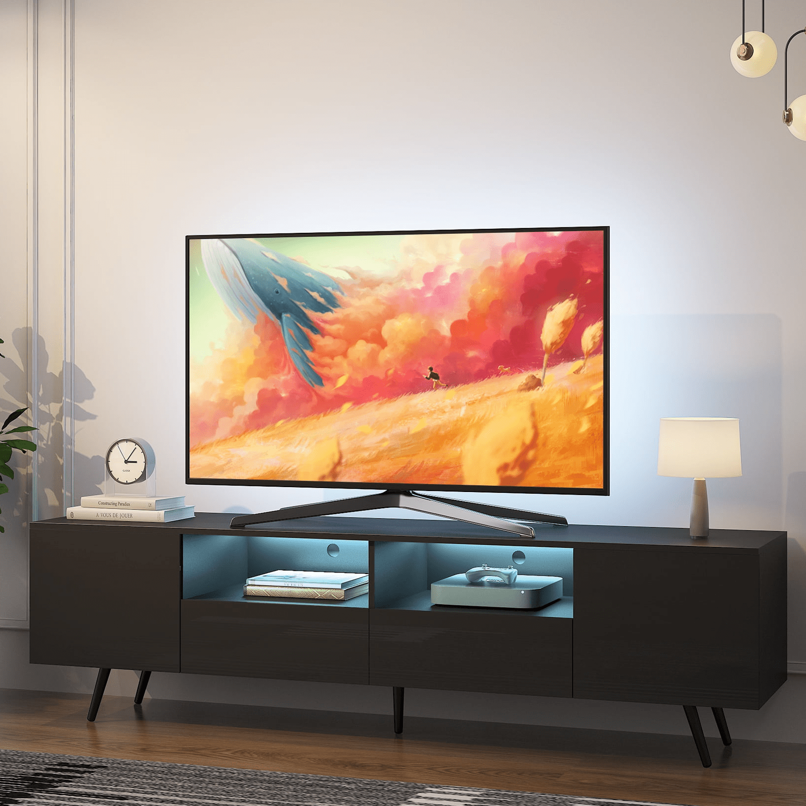 Aukfa Modern TV Stand for TVs Up to 75", TV Console table with 16 Colors LED, Black