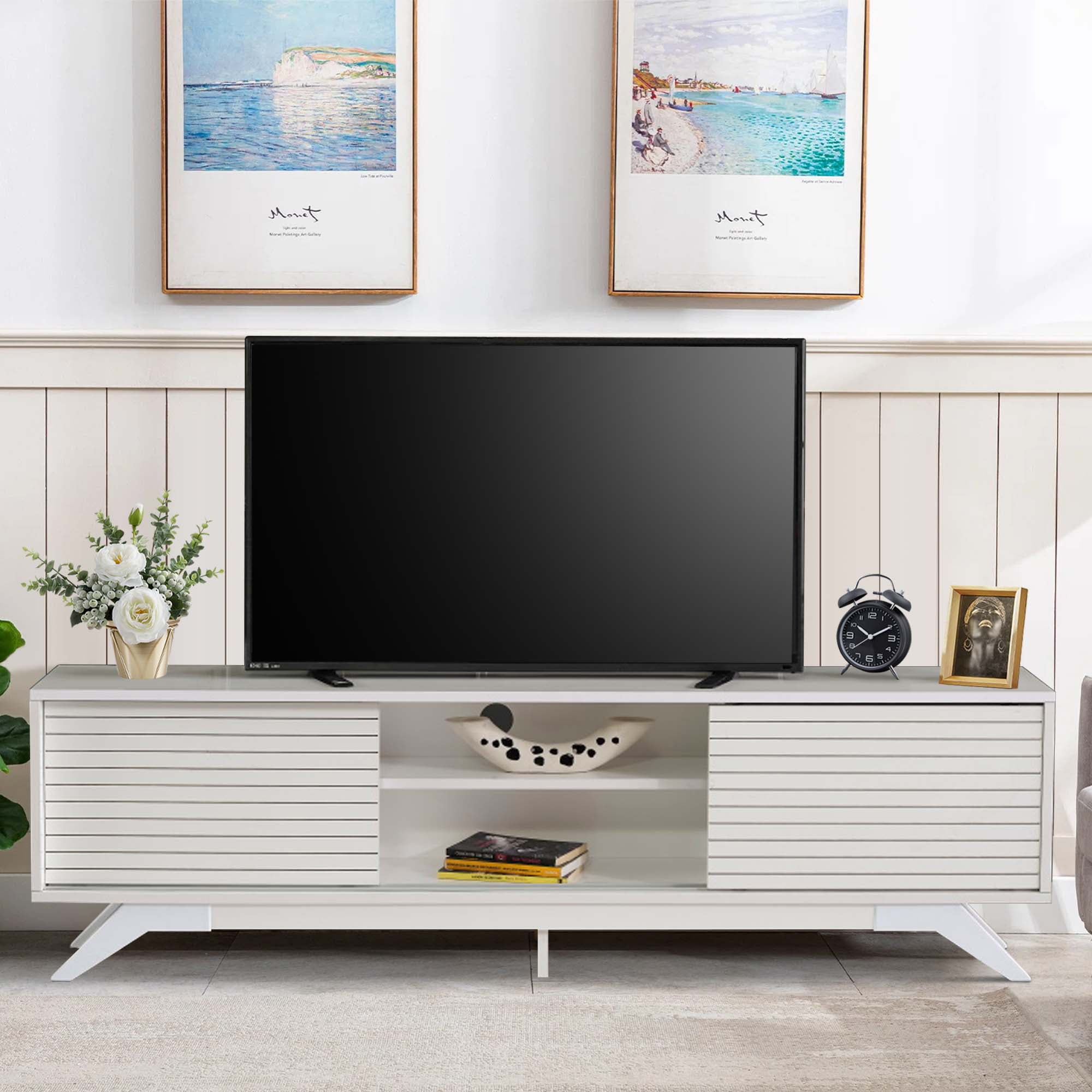 Aukfa Modern TV Stand for TVs up to 70" - TV Cabinet with 2 Sliding Door for living Room - White