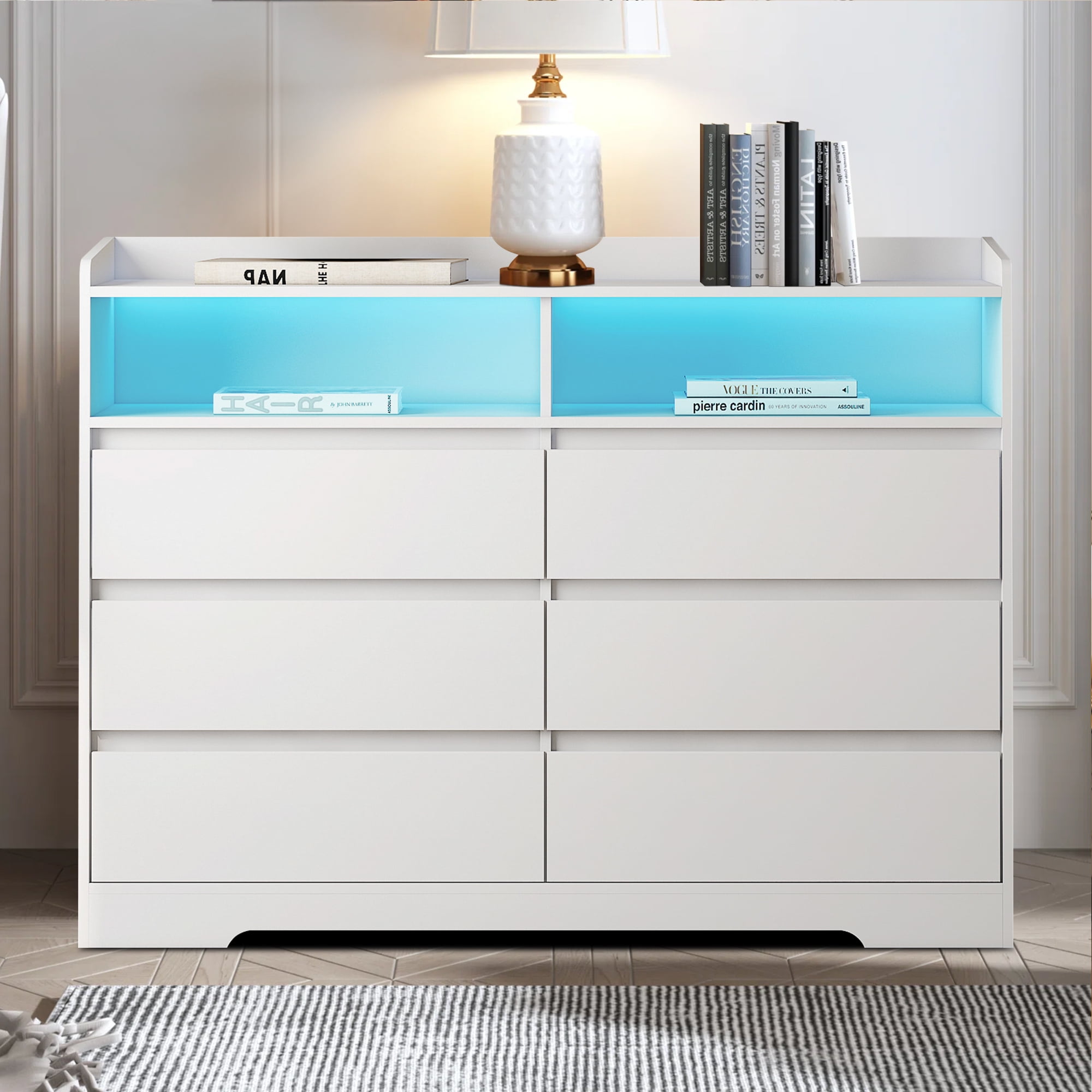 Aukfa Modern 6-Drawer Dresser Storage Cabinet w/ LED for Bedroom Living Room, White