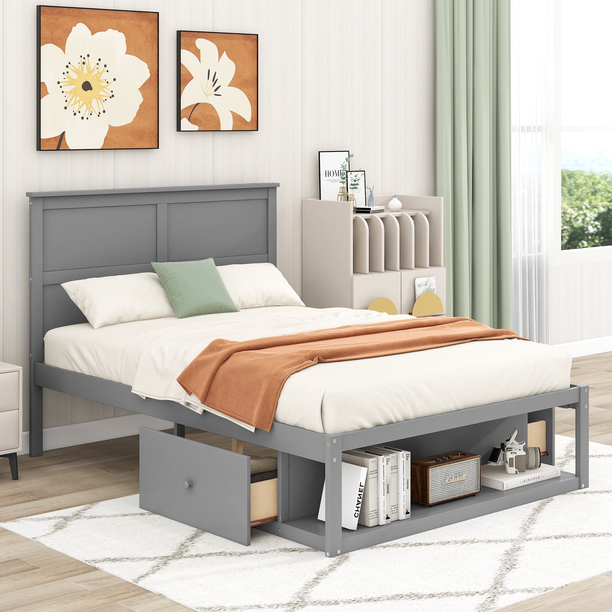 Aukfa Platform Bed with Drawers and Shelf, Full Size Storage Bed, Wooden - Gray