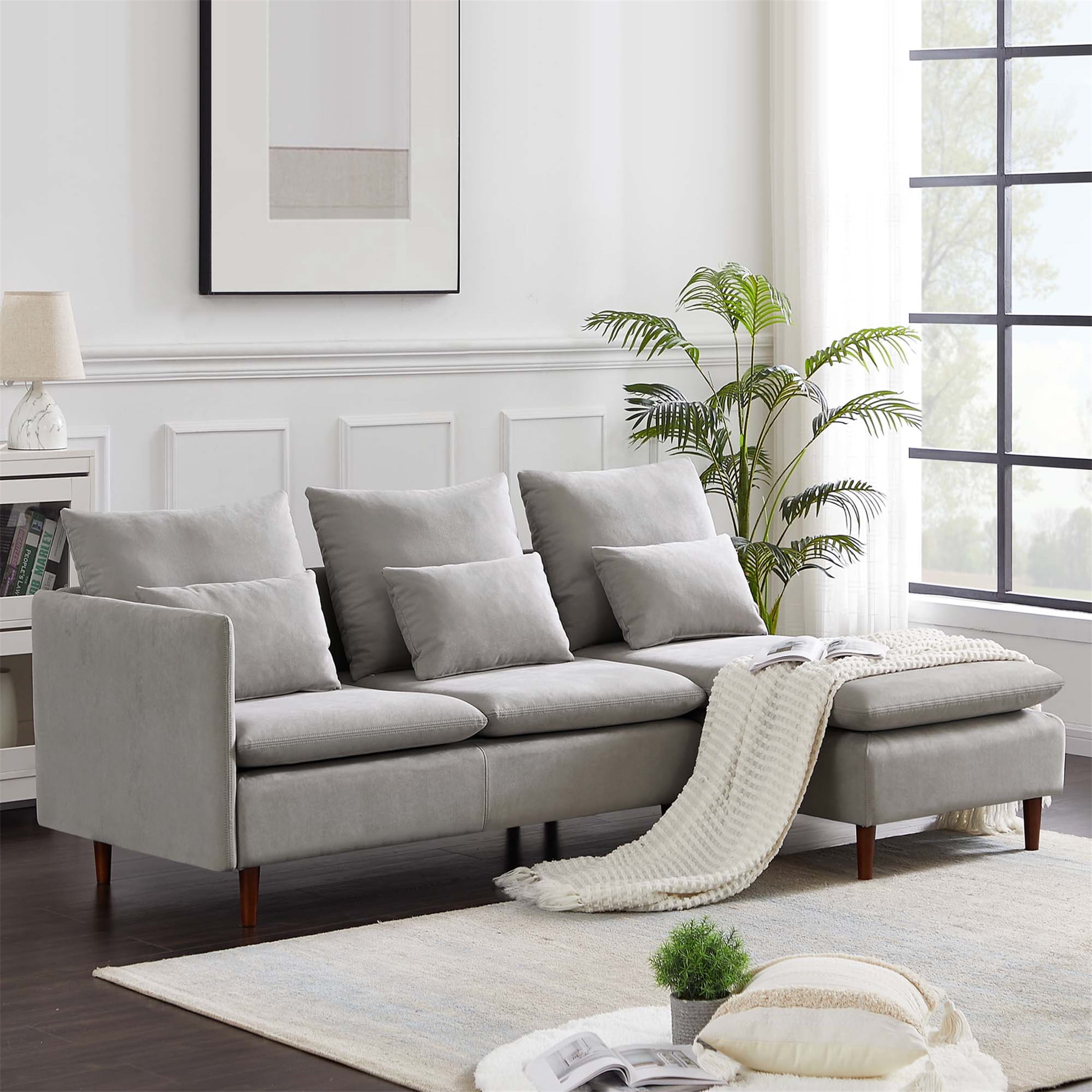 Aukfa Sectional Couch, 92" L shape Couch for Living Room, Solid Wood Legs, Suede, Gray