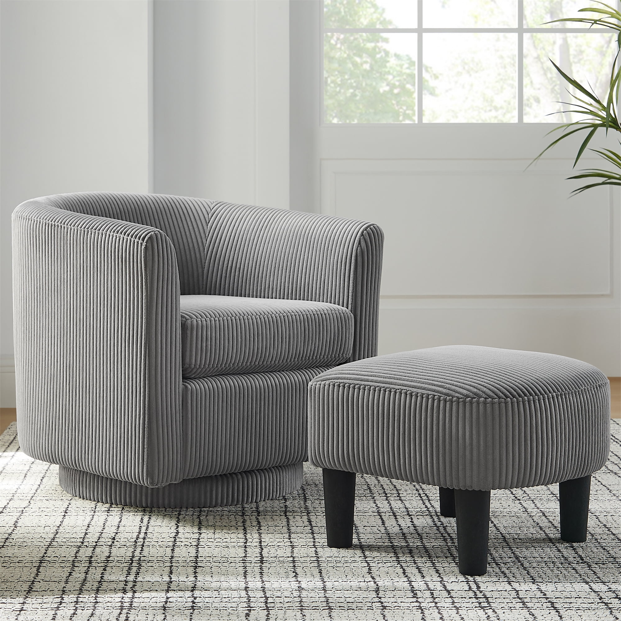 Aukfa Swivel Accent Chair with Ottoman, Corduroy Barrel Chair Read Chair for Living Room, Gray