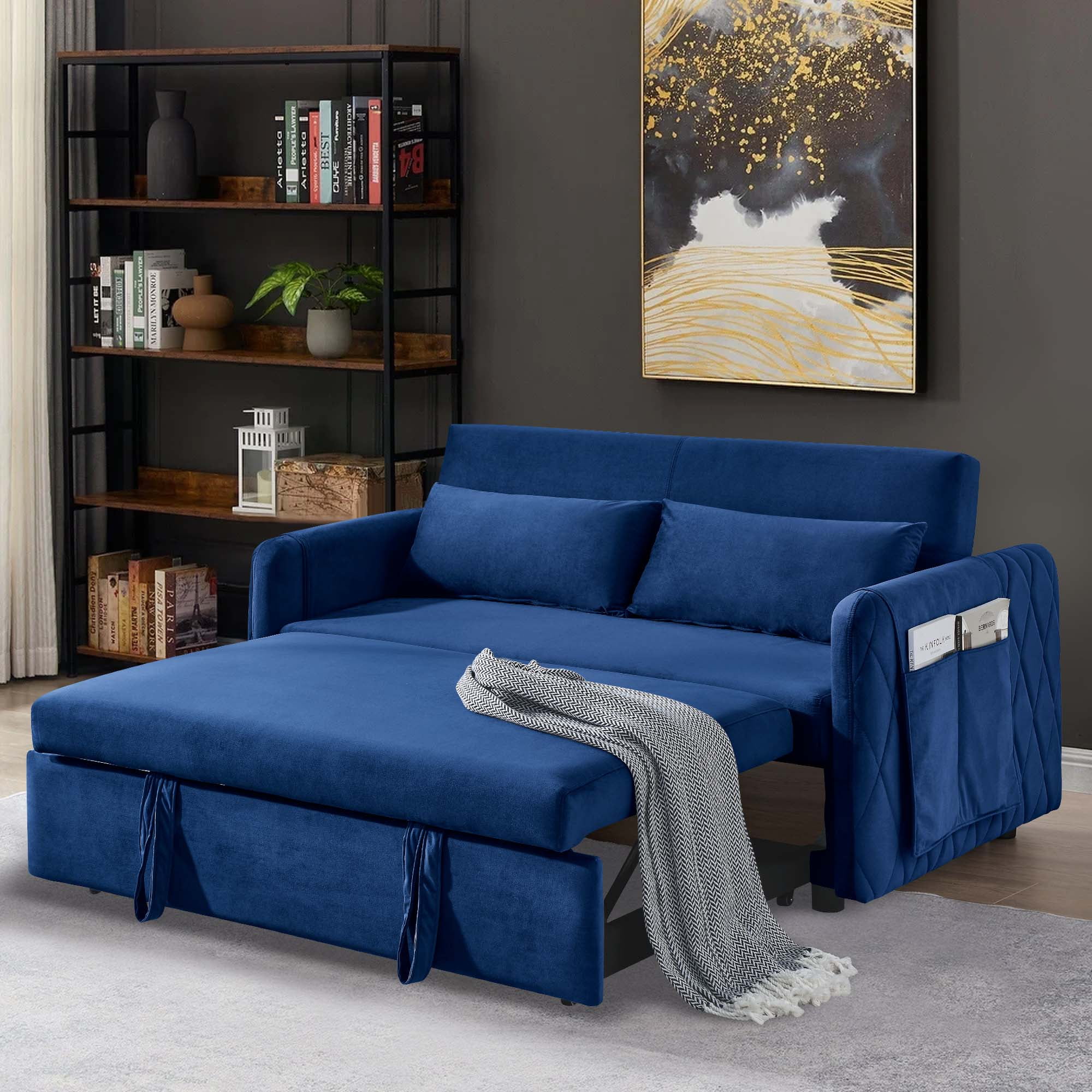 Aukfa Sleeper Sofa Bed, Convertible Loveseat Pull Out Sofa Couch for Living Room - Blue