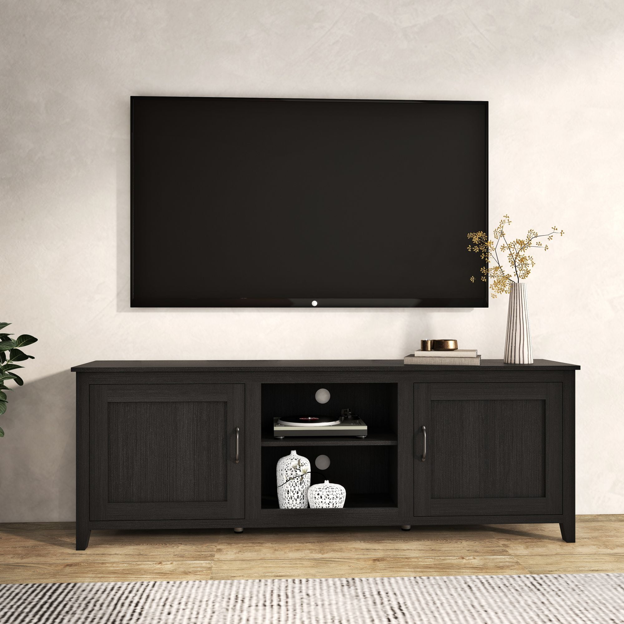 Aukfa TV Stand for TVs up to 75in - Media Console Entertainment Center With 2 Cabinet Doors - Black