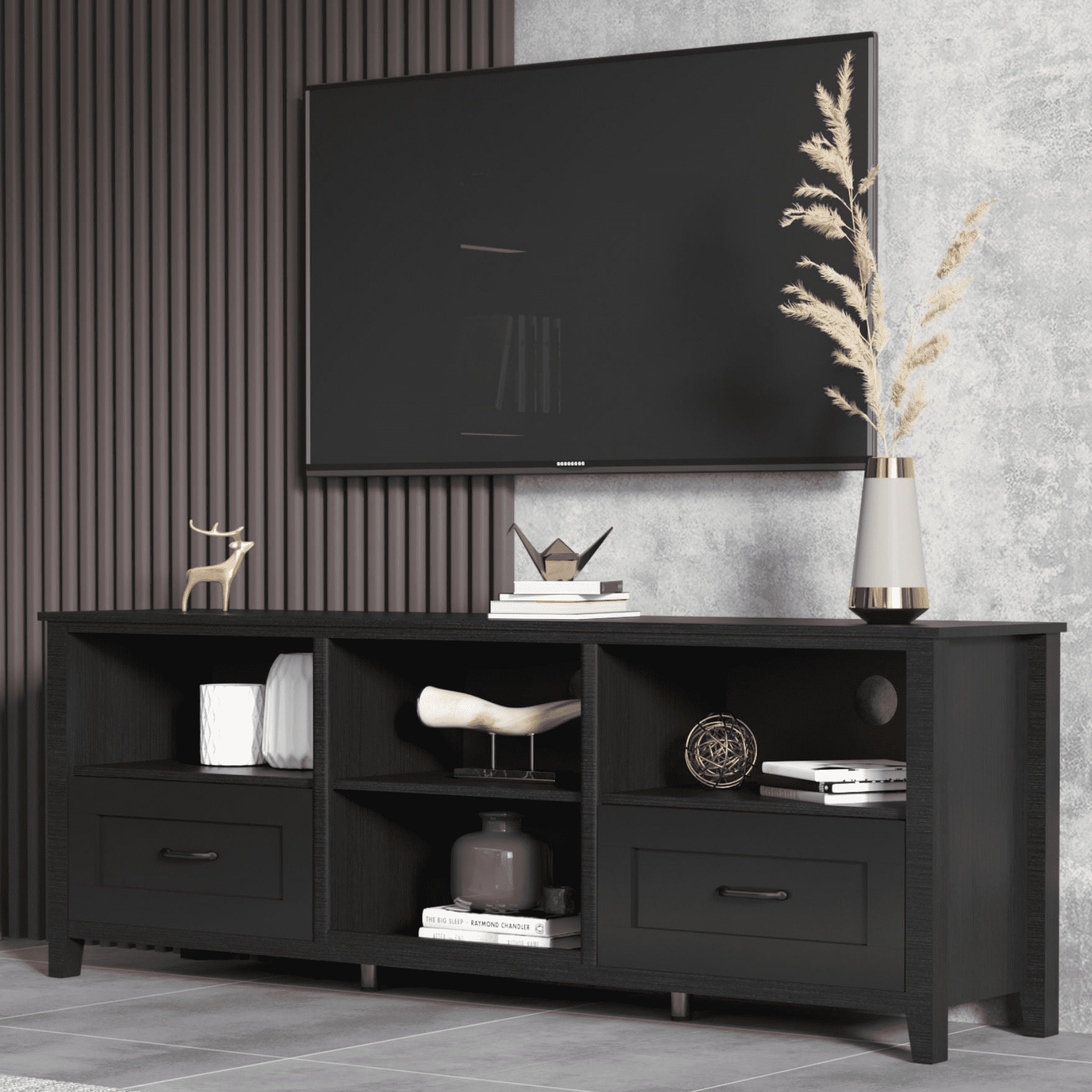 Aukfa TV Stand for TVs up to 80" with Storage Drawers and 4 Open Storage for Living Room - Black