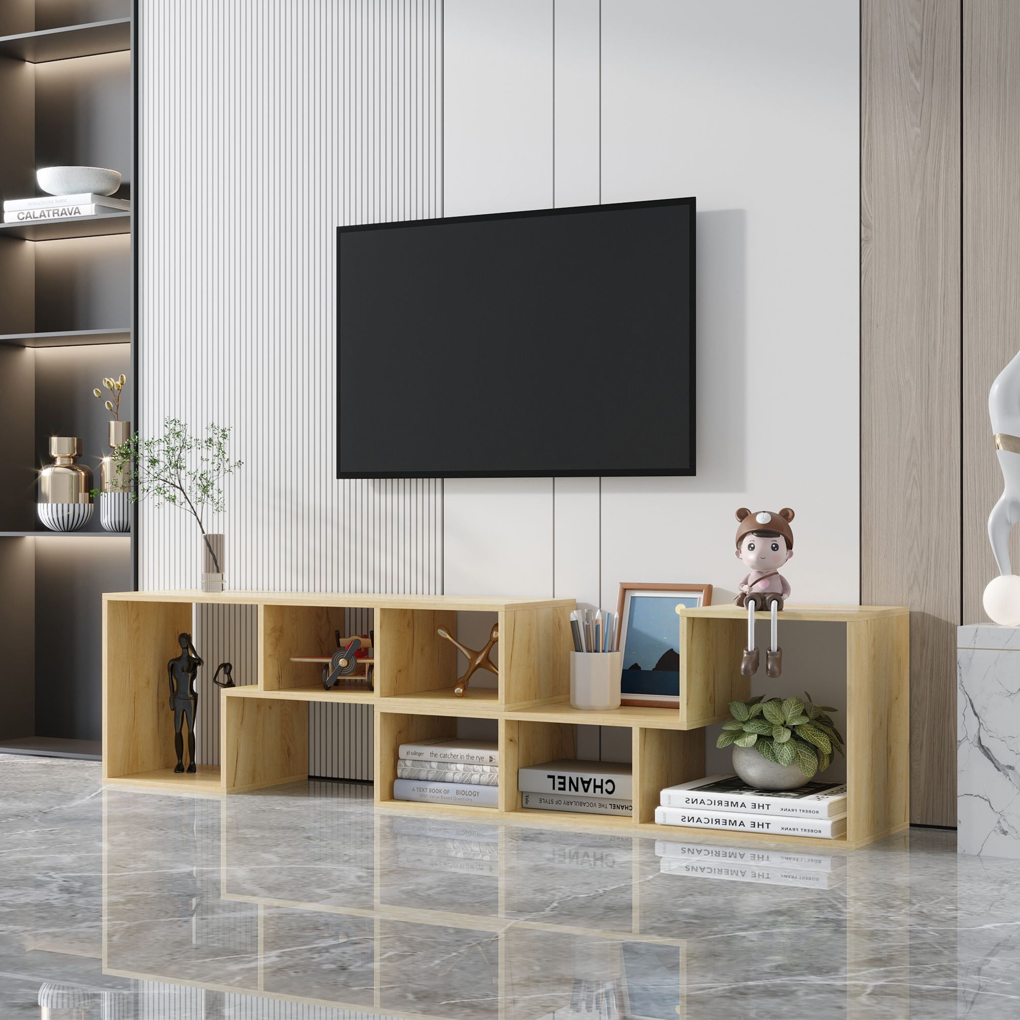 Aukfa TV Stand with Bookcase and Display Shelf- Light Brown